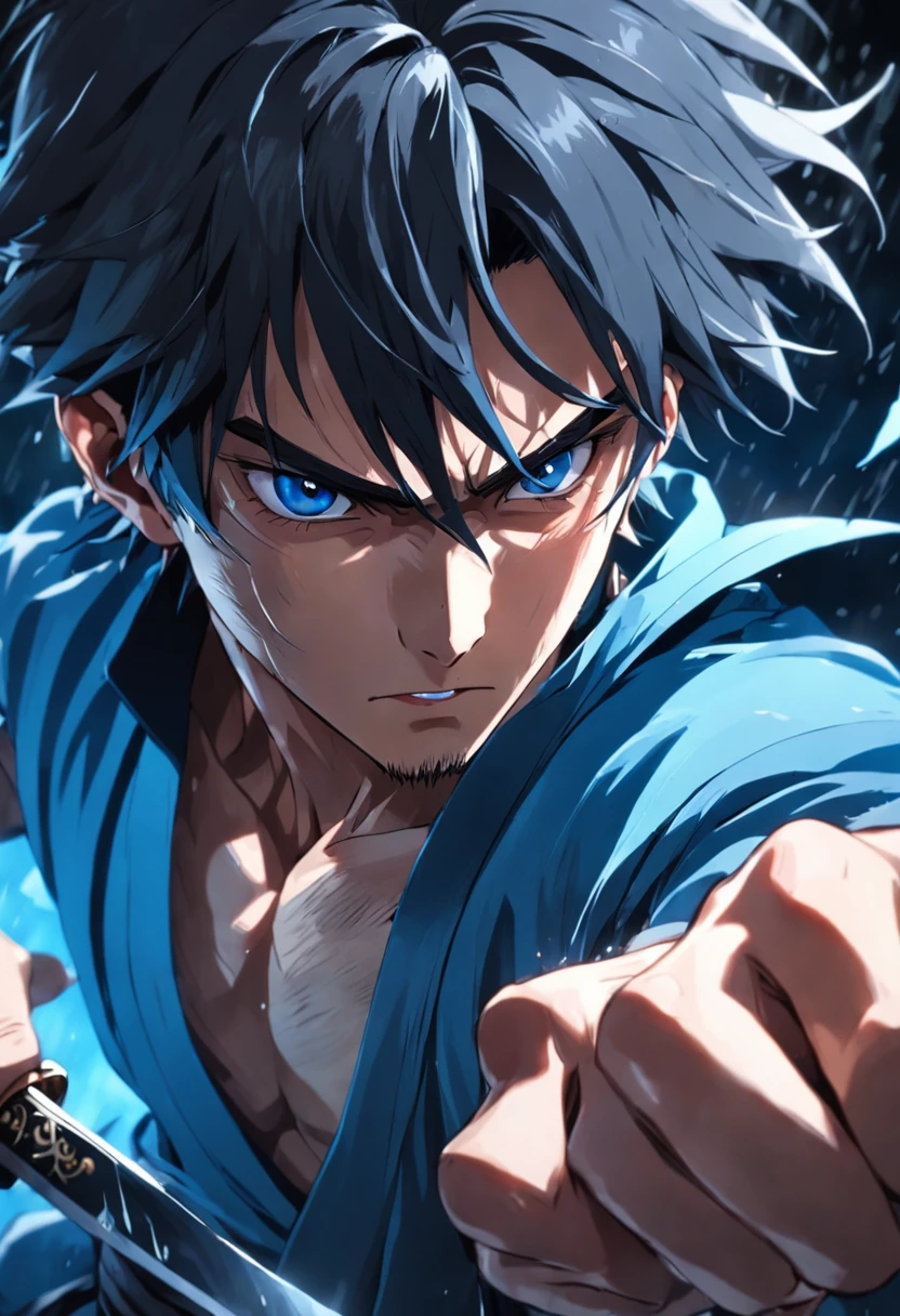 an extreme closeup shot:Male swordsman，Hands are normal，The body is not twisted，Hair soars，Wield a blue light knife，With a murderous look on one's face。Martial arts action，Motion blur，under rain，lightand shade contrast，top views，Founded by Liu Jibian。