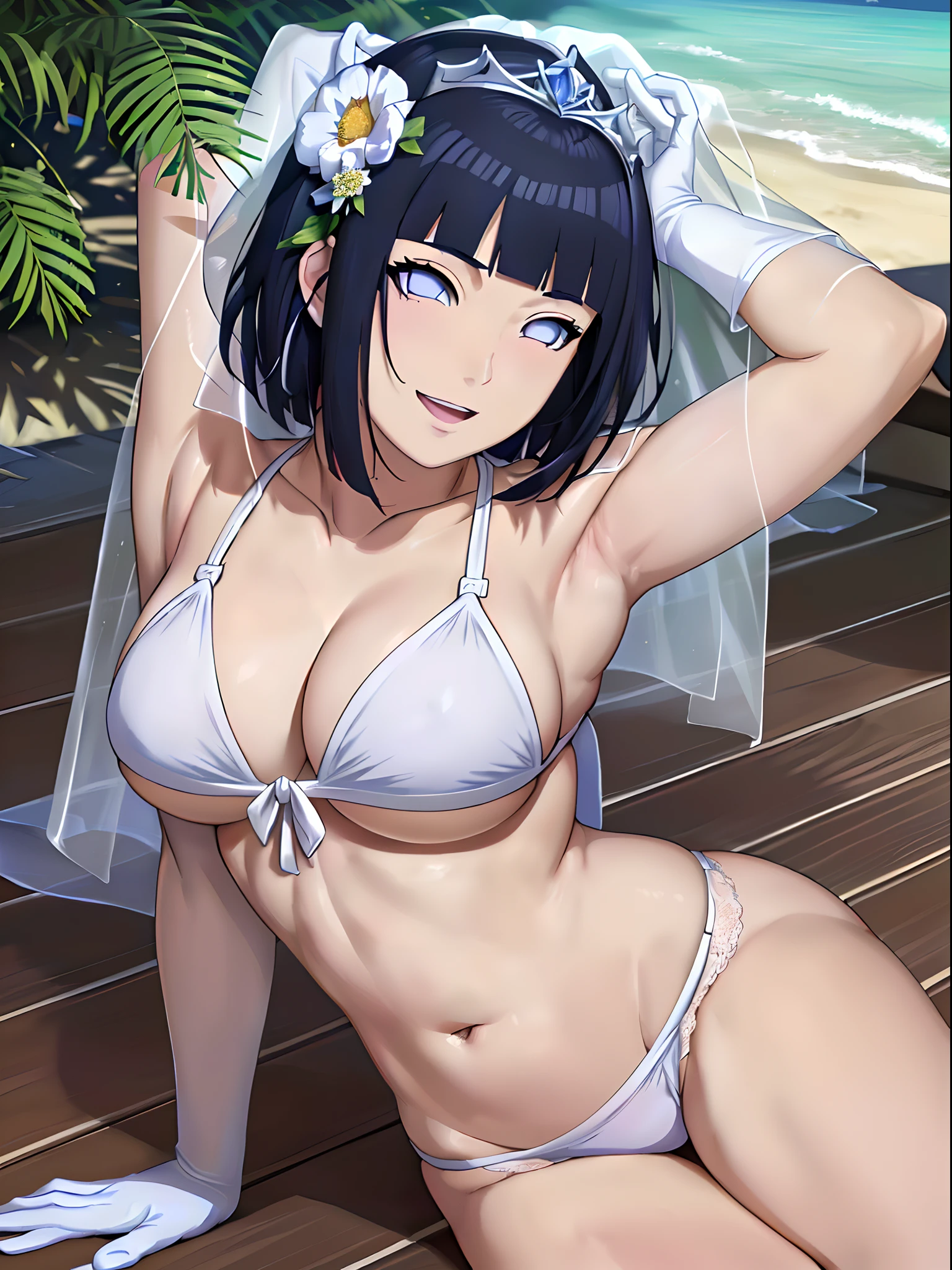 (WALLPAPER, masterpiece, 1k, anime style:1.9, laying on flower bed, navel, (detailed beach background, (lean forward), big breasts, big boobs, open mouth, high color saturation, bold lines, bold drawing lines, (defined arms, strong arms, flat belly, groin), detailed bold arm lines), (strong arms, thick arms), strong light on body, plain, bare body, (large breasts, perky boobs), minimum clothing, taking off shirt, bare shoulders, off-shoulders, bare chest, (very tight pure white tiny bikini, wedding veil, white flower wedding tiara, long white gloves), no shirt, showing off), hinata\(boruto\), mature female, sunbathing, milf, (curvy:0.8), solo, (short hair, hime cut), (dark blue hair color:1.1), white, flat belly, perfect eyes, white sciera, white eyes, anime eyes, smoky eyeliner, eyeshadow, perfect face, shy, sharp focus, professional artwork, intricate details, colorful, vibrant colors, vivid colors, digital blending, ultra detailed body, ultra detail hair, ultra detail face, trending on pixiv, kind smile, shy, very hot colors, sunny day, outdoor,