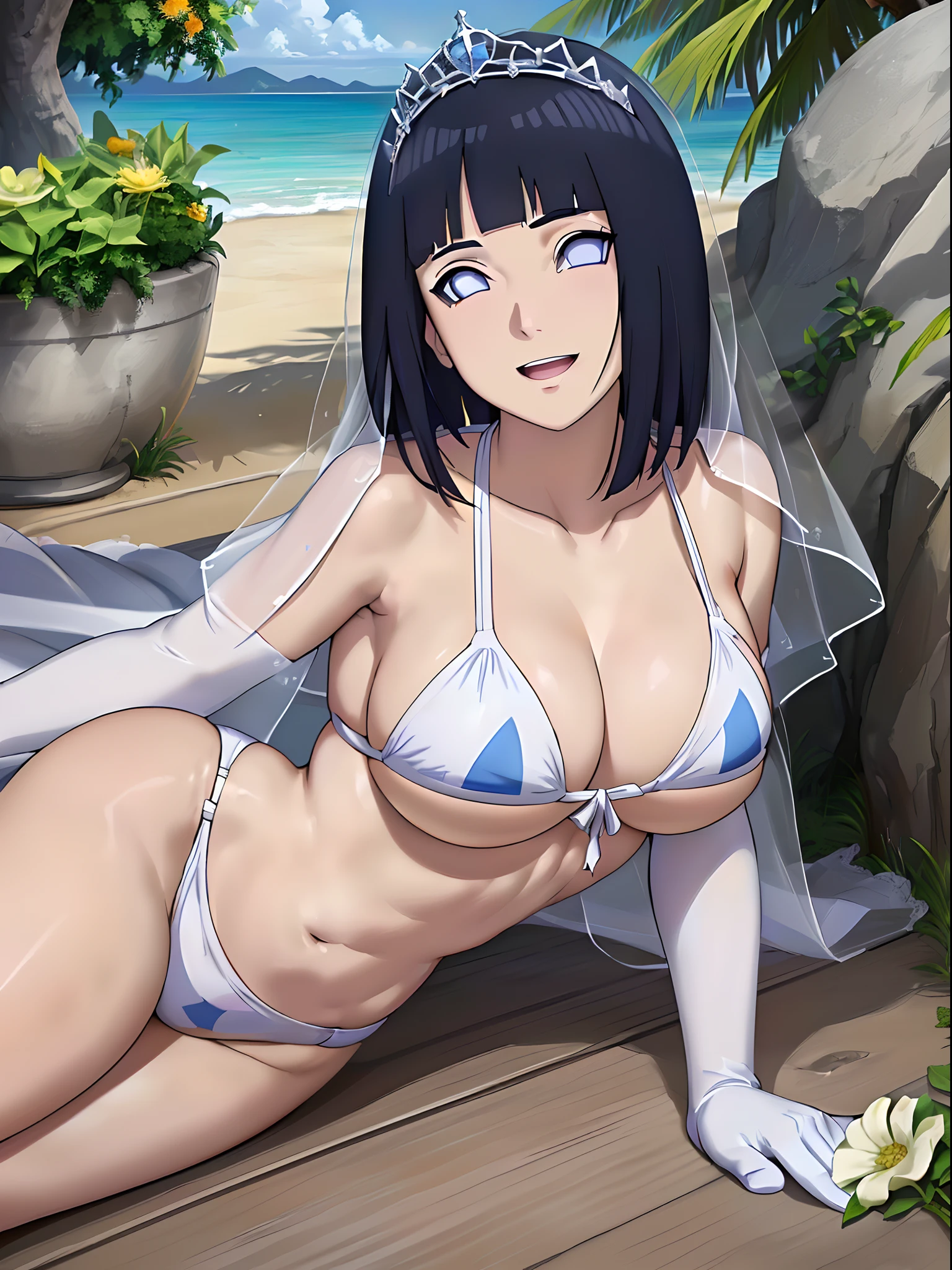(WALLPAPER, masterpiece, 1k, anime style:1.9, laying on flower bed, navel, (detailed beach background, (lean forward), big breasts, big boobs, open mouth, high color saturation, bold lines, bold drawing lines, (defined arms, strong arms, flat belly, groin), detailed bold arm lines), (strong arms, thick arms), strong light on body, plain, bare body, (large breasts, perky boobs), minimum clothing, taking off shirt, bare shoulders, off-shoulders, bare chest, (very tight pure white tiny bikini, wedding veil, white flower wedding tiara, long white gloves), no shirt, showing off), hinata\(boruto\), mature female, sunbathing, milf, (curvy:0.8), solo, (short hair, hime cut), (dark blue hair color:1.1), white, flat belly, perfect eyes, white sciera, white eyes, anime eyes, smoky eyeliner, eyeshadow, perfect face, shy, sharp focus, professional artwork, intricate details, colorful, vibrant colors, vivid colors, digital blending, ultra detailed body, ultra detail hair, ultra detail face, trending on pixiv, kind smile, shy, very hot colors, sunny day, outdoor,