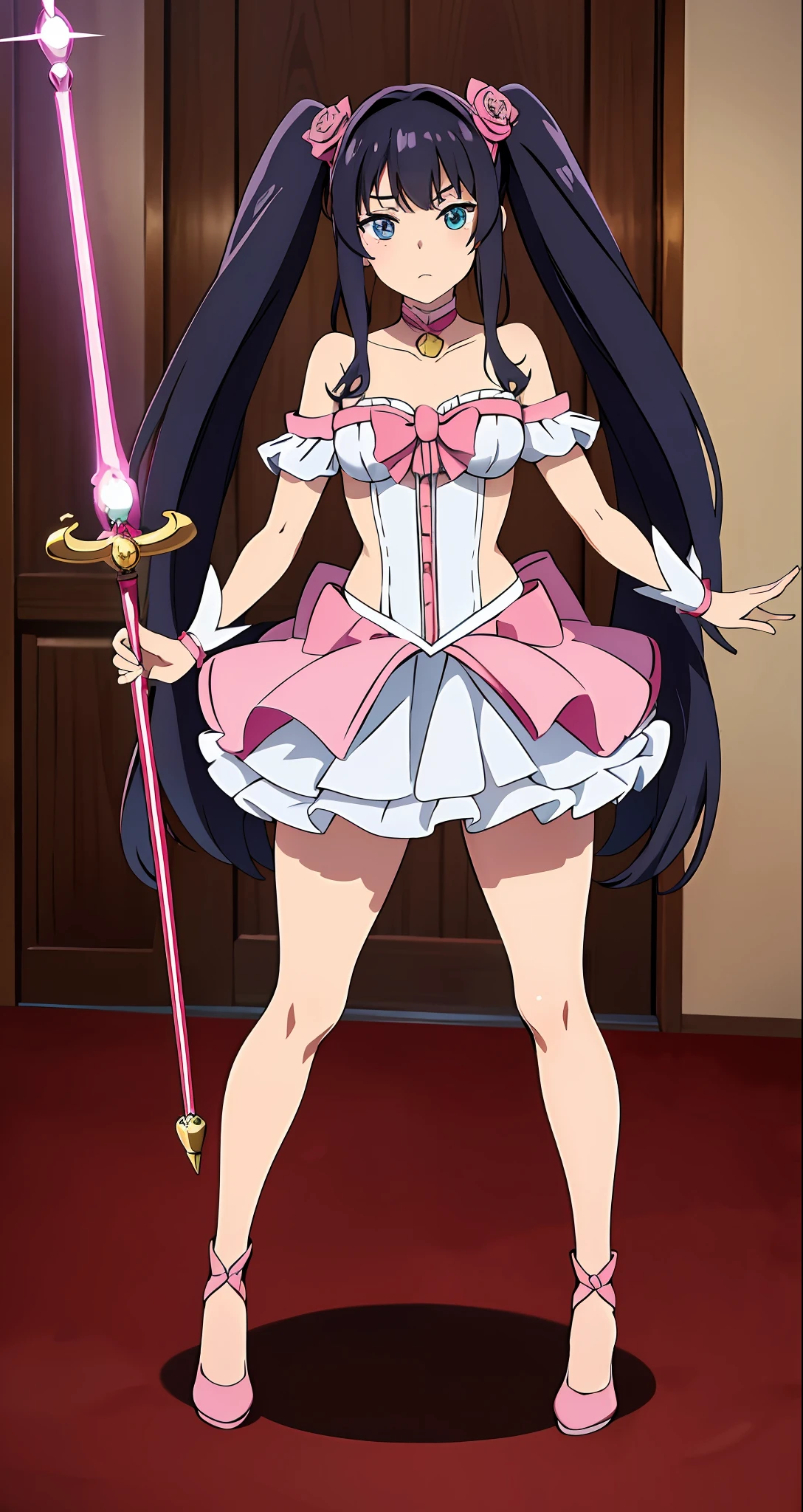 Serafall is a beautiful girl; Looking in his late teens with black hair, tied in twin tails and blue eyes (Rosa na temporada 2-3). She also has a childish body (embora com seios grandes). Your body measurements are [W85-W56-H80 cm]; the height is 160 cm and the body weight is [48 kg]. She usually dresses in magical girl's clothes (de Magical Girl Milky Spiral Seven, a mesma roupa que Mil-tan usa), Magic wand and all
