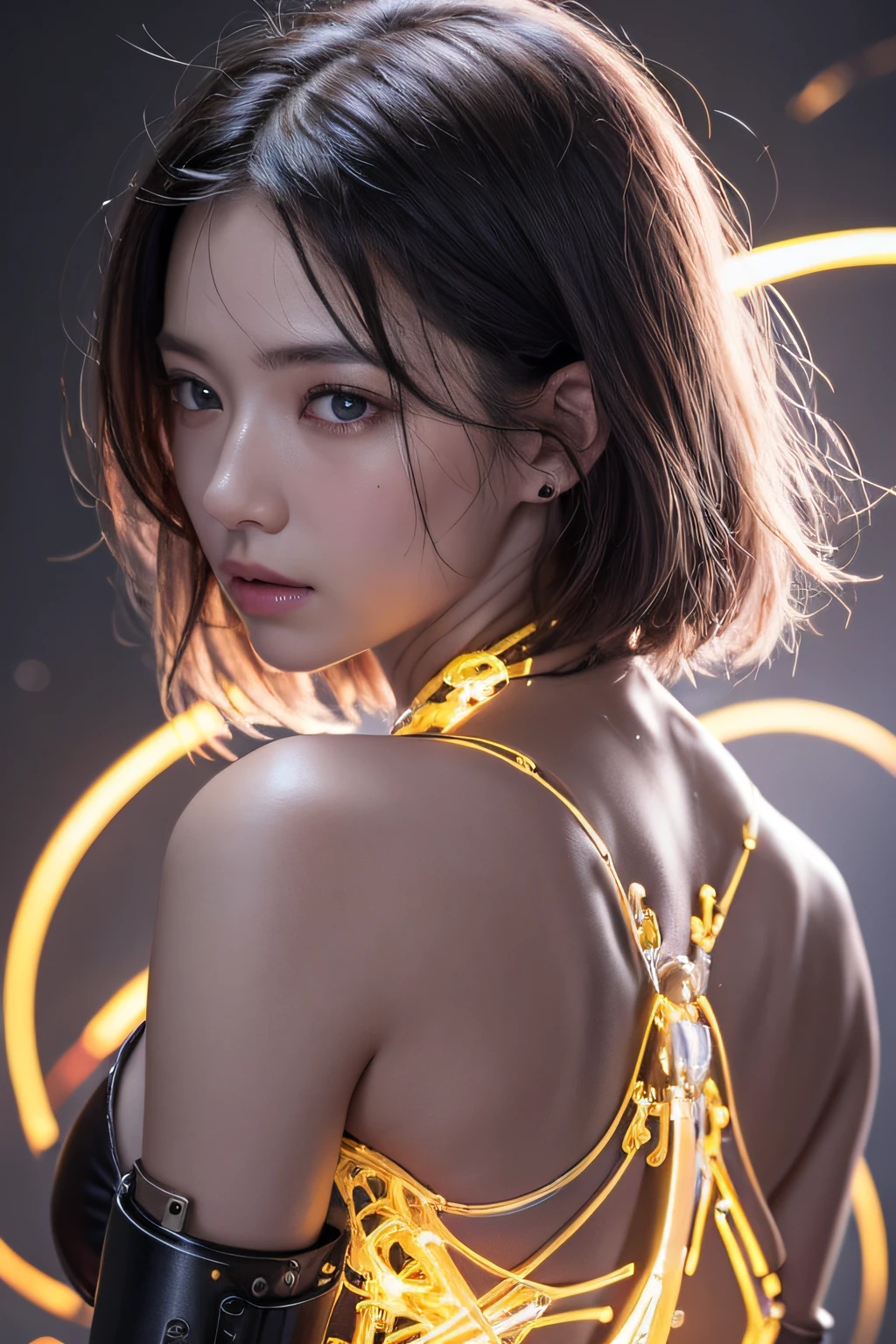 best qualityer、tmasterpiece、超高分辨率、(photorealestic:1.4)、RAW photo、1 rapariga、Black hair、glowy skin、1 Cyberpunk Girl、((hyper realistic detailed))、porate、Global illumination、black shadows、rendering by octane、8K、ultrasharp、huge tit、Raw skin is exposed in cleavage、metals、Details of complex ornaments、Sumerian details、High intricate details、Realistic light、CGSoation trends、violet colored eyes、shinning eyes、Facing the camera、neon light detail、Mechanical limbs、blood vessels attached to the tube、Mechanical vertebrae attached to the back、mechanical cervical attaching to neck、Sit on the、wires and cables connecting to head、Small LED lamps、Glowing tube、