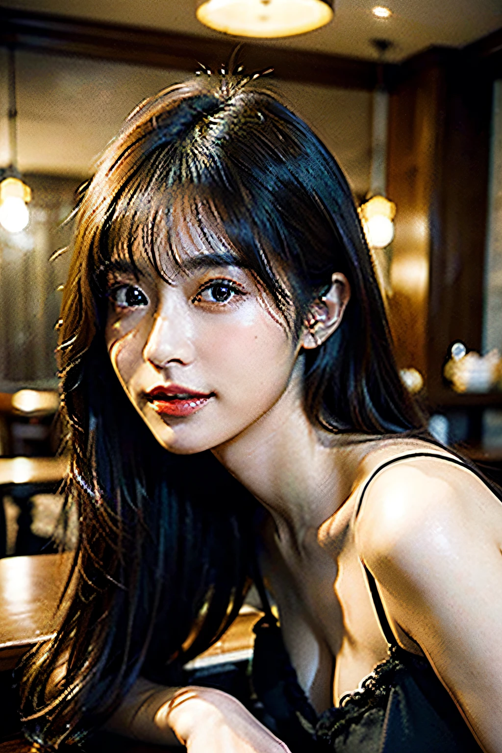 4K、8K、best qualtiy、masterpiece、One girl on the page of imaginative women、The background is a stylish café、Slightly dark interior、Soft light、date、A slight smil、at sunrise、cellshading、Anaglyph effect、超A high resolution、Highly detailed official Unity 8K wallpaper、超A high resolution、ultra-quality、Lustrous hair、real looking skin、Beautie
