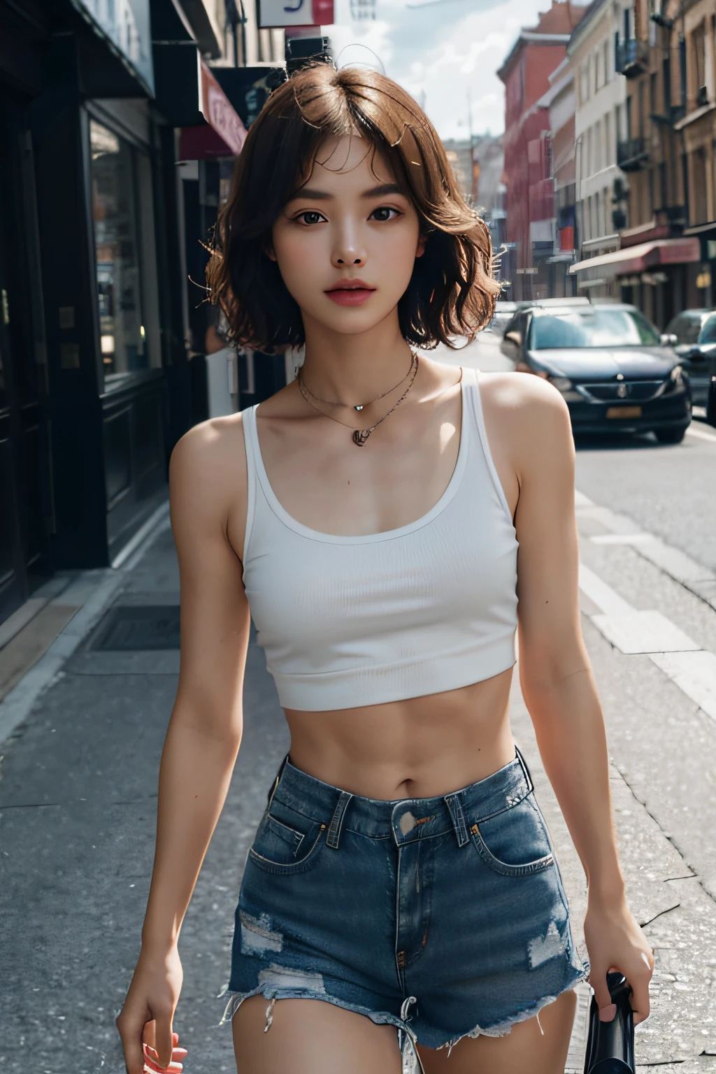 ((medium breast, tomboy girls, small head)), daylight, sunlight, (chiseled abs : 1.1), (perfect body : 1.1), (short wavy hair : 1.2) , auburn hair, collar, chain, full body shot, crowded street, wearing black tanktop, jeans jacket, ((shorts)), (extremely detailed CG 8k wallpaper), (an extremely delicate and beautiful), (masterpiece), (best quality:1.0), (ultra highres:1.0),  beautiful lighting ,perfect lightning, realistic shadows, [highres], detailed skin, ultra-detailed