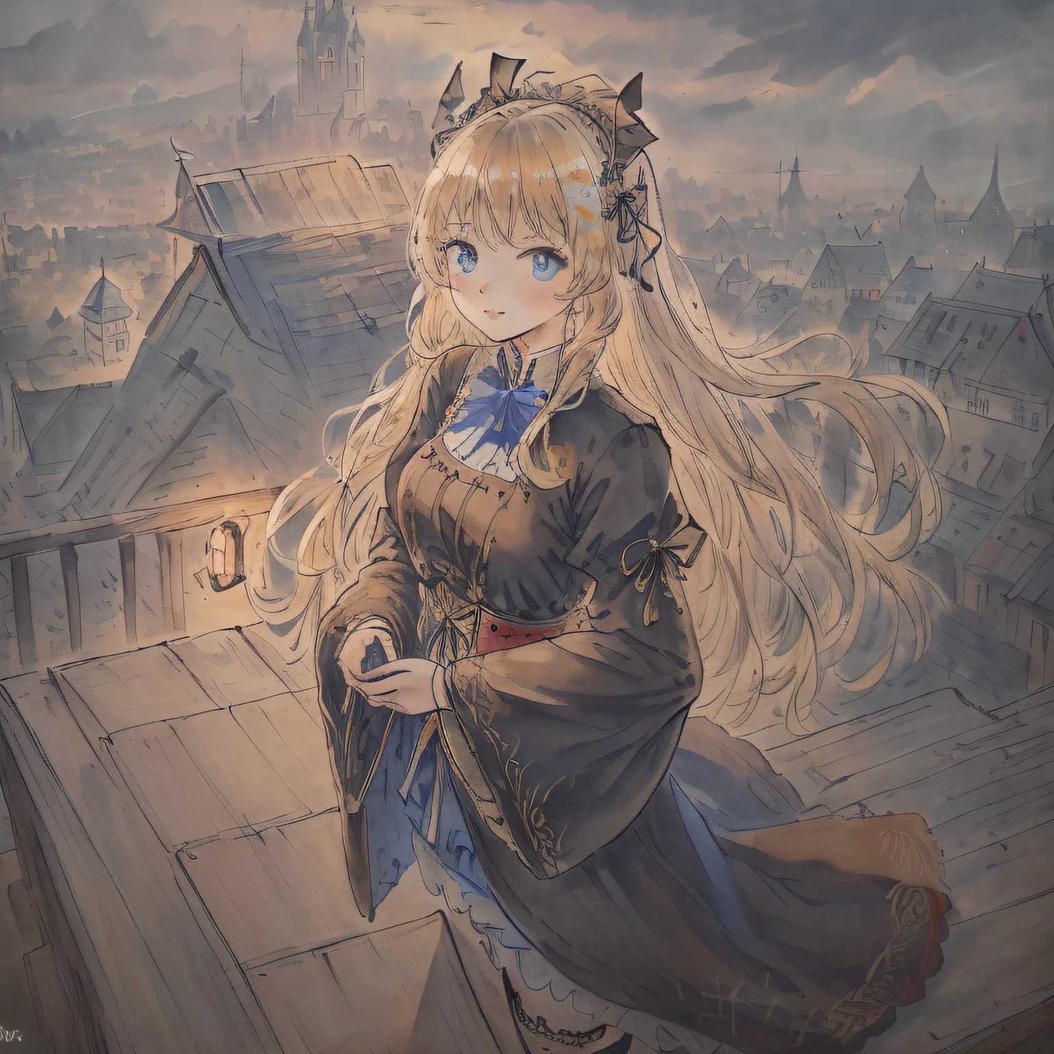 {best quality}, {{masterpiece}}, {highres}, extremely detailed CG, extremely detailed 8K wallpaper, extremely detailed character, {an extremely delicate and beautiful}, portrait, illustration, solo focus, straight-on, dramatic angle, depthoffield, {{cinematiclighting}}, outdoors, {{{character({{{a girl}}}, solo, loli, {{{{full body}}}}, standing, expressionless, [[[light smile]]], cute, beautiful detailed eyes, blue eyes, [long legs], {very_long_hair}, blonde hair, wavy_hair, [shiny hair], {{Gothic_Lolita}}, blue_white skirt, {{short skirt}}, black_Headdress, bowknot, {{{hair ornament}}}, [hair flower], stocking, [[Garter]], Lace, cross-laced footwear, ribbon-trimmed sleeves)}}}, [background(building architecture, {{gothic architecture}}, starry sky, outdoors, church, {castle}, [[fantasy]])]