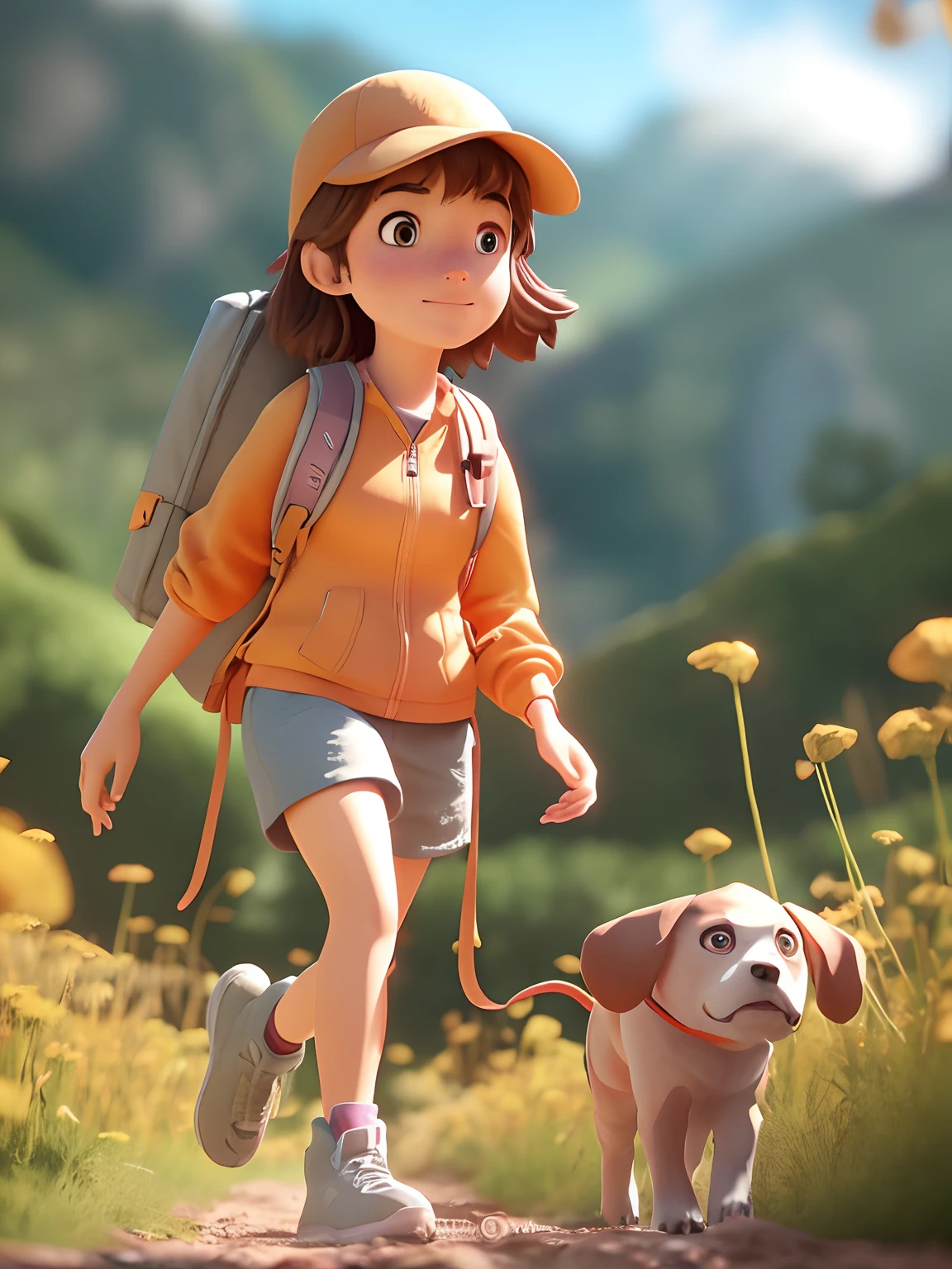 cartoon girl walking with a dog on a trail in a field, small character. unreal engine 5, animation style render, atey ghailan 8 k, childrens art in artstation, adventure hyper realistic render, adorable digital painting, cute 3 d render, cute detailed digital art, female explorer mini cute girl, inspired by Atey Ghailan