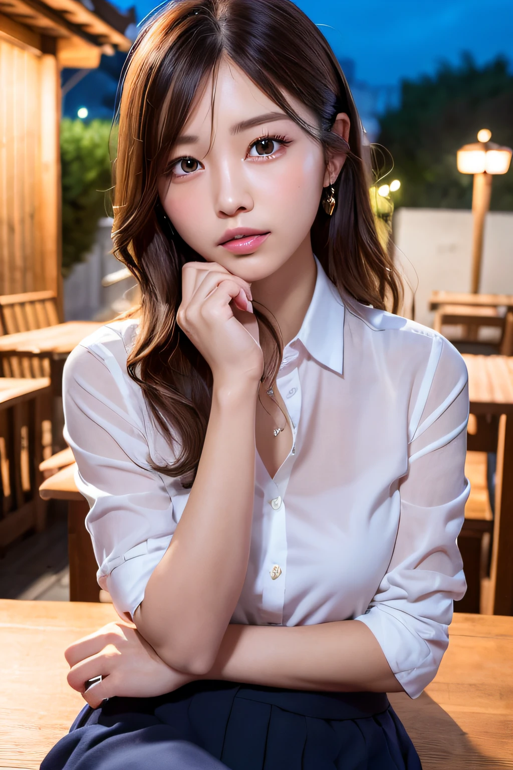 first-person-view, (masterpiece:1.3), high resolution, ultra detailed, extremely detailed CG unity 8k wallpaper, realistic, photo-realistic, RAW photo, beautiful detailed face, pale skin, realistic glistening skin, detailed cloth texture, detailed hair texture, Perfect body, Beautiful Face, accurate, Anatomically correct, Highly detailed face and skin texture, natural neck length, (beautiful hands), (fair skin:1.2), Thin legs, Thin feet, Well-aligned teeth,
BREAK,
Detailed eyes, symmetric eyes, Light Brown eyes, Double eyelids, Thin eyebrows, (Glossy lips:1.4), (sleepy face:1.3), (blush:1.3),
BREAK,
(A Classy and Cute girl:1.3), (wearing a classy (Light Purple) Button shirt:1.2), ((Navy) long irregular hem skirt:1.2), (long skirt), (Unbutton shirt a little bit:1.2),
medium breasts, (slender figure:1.1), firm abs, beautiful clavicle,
(Dark blonde hair, wavy hair, long hair:1.2), ((asymmetrical bangs:1.2)),
BREAK,
(On the table, (there are yakitori of Japan food, French fries, salad):1.2), (Sitting leaning forward), ((resting your elbow on the table with gently lifted up her chin:1.3)),
(in the outdoor 'Biergarten' of Japan at night:1.2)), (night), (night), (night), (Upper body shot:1.2), looking at viewer, from front,
