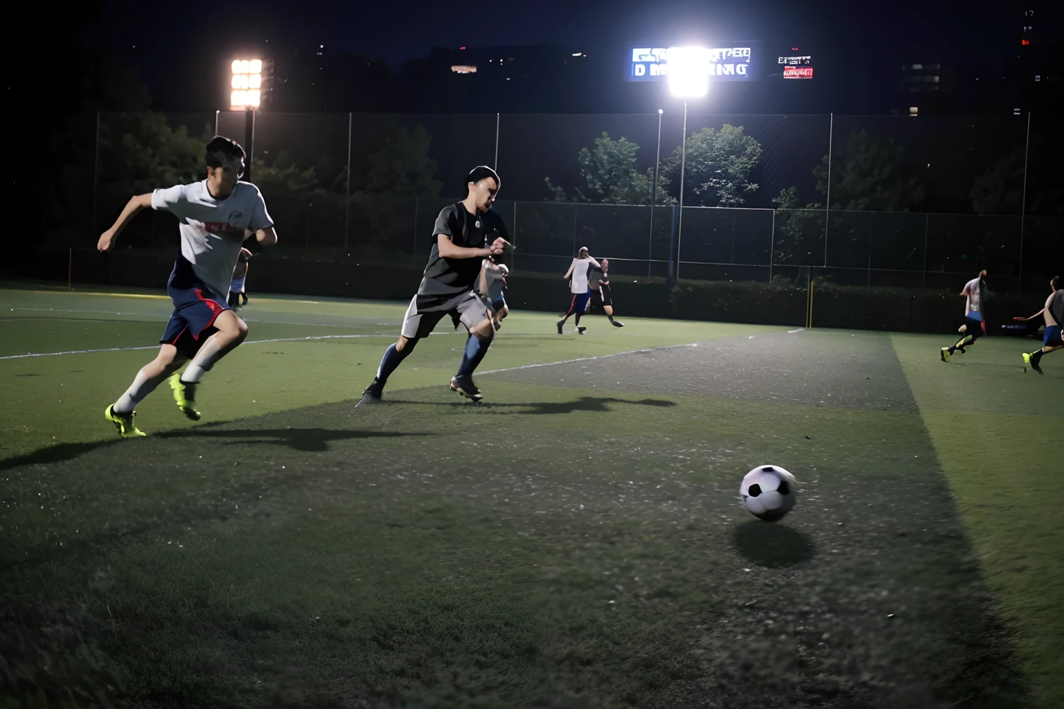 Several people played football on the pitch at night, action shot, 8K 50mm ISO 10, on a football field, play soccer, opening shot, 2 4 mm ISO 8 0 0, flying shot, dynamic action shot, sport game, on a football field, wide angle dynamic action shot, mid air shot