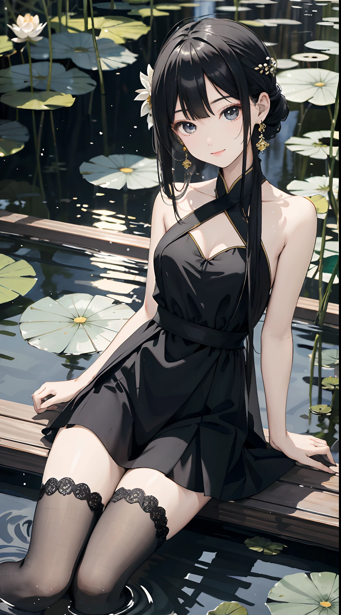 hoang lap,8K high resolution,ultra - detailed,(1girll:1.3),handpainted,Simple lines, girl in black Chinese dress,beuaty girl,In the lotus pond,tmasterpiece,Sit on a plank floating in the water,Floating hair,black pantyhoses,black pantyhoses,looking toward the viewer,ssmile