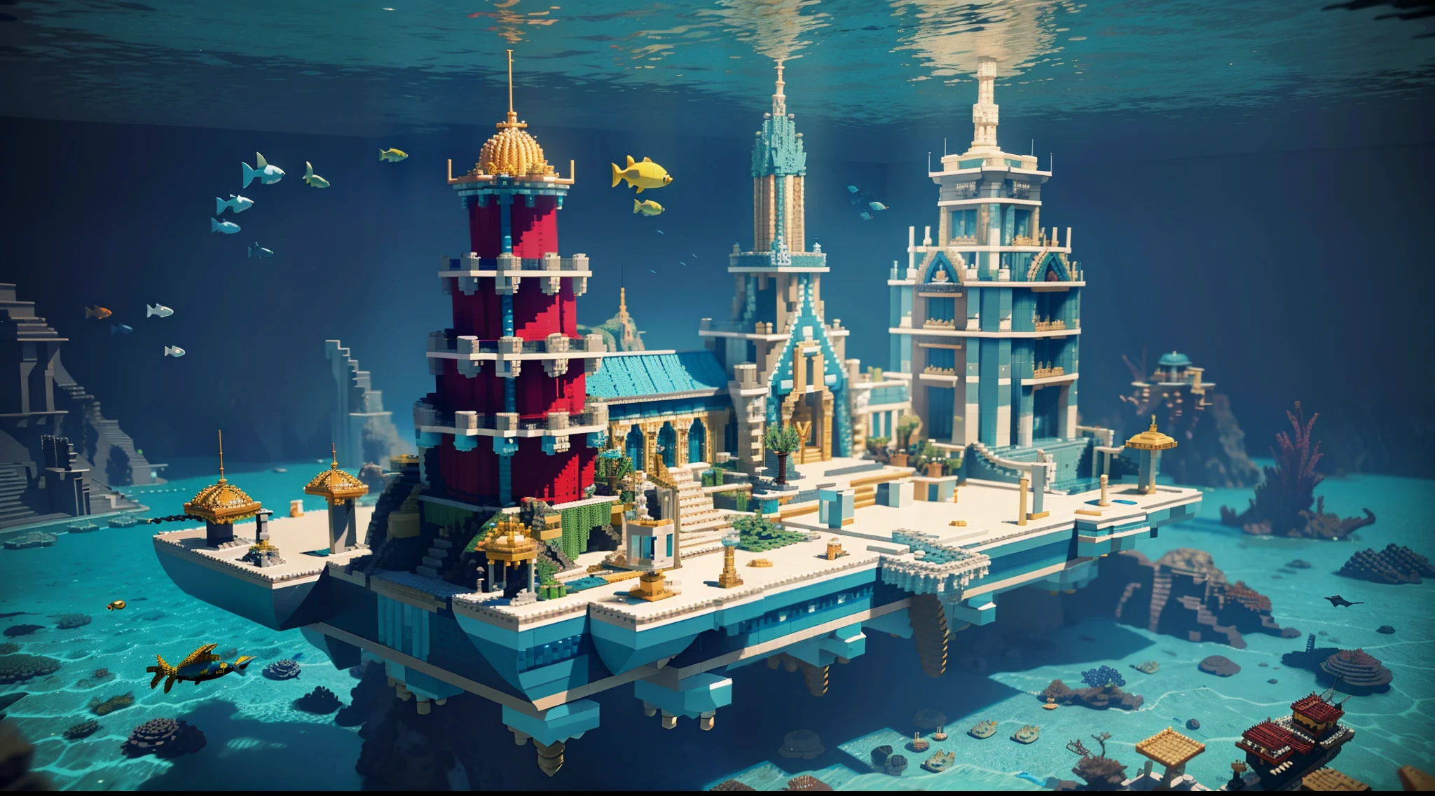 an underwater city, Underwater temple with fish,There is a yacht in the water, high quality voxel art, 8K high quality detailed art, intricate highly detailed 8 k, super detailed color lowpoly art, voxels art, (rendering by octane) Fantasy style, super detailed render, made of lego, very very highly detailed
