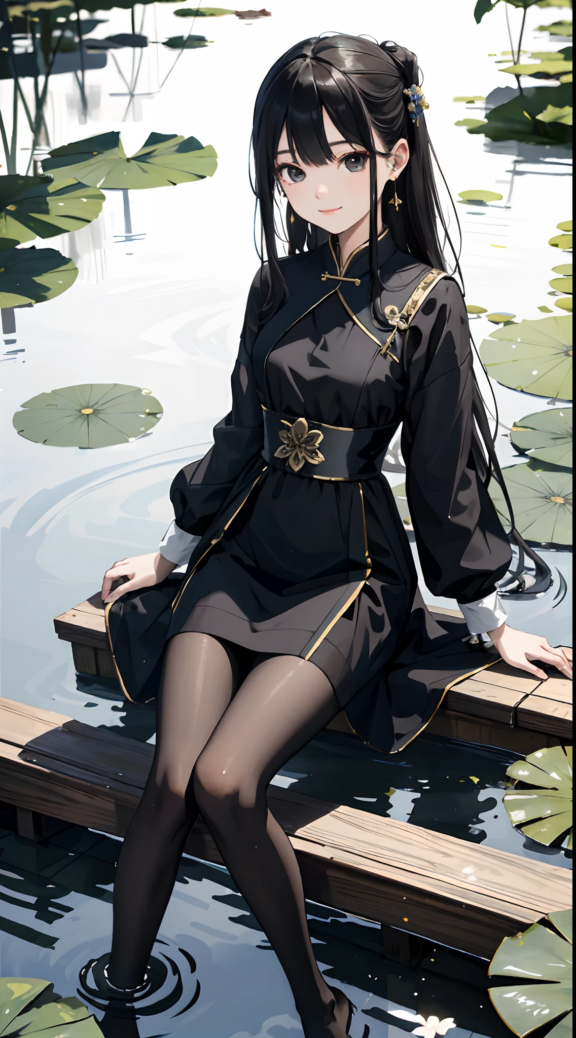 hoang lap,8K high resolution,ultra - detailed,(1girll:1.3),handpainted,Simple lines, girl in black Chinese dress,beuaty girl,In the lotus pond,tmasterpiece,Sit on a plank floating in the water,Floating hair,black pantyhoses,black pantyhoses,looking toward the viewer,ssmile