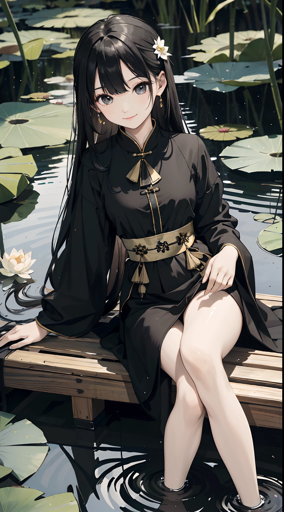 hoang lap,8K high resolution,ultra - detailed,(1girll:1.3),handpainted,Simple lines,16 year old girl in black Chinese dress,beuaty girl,In the lotus pond,tmasterpiece,Sit on a plank floating in the water,Floating hair,black pantyhoses,black pantyhoses,looking toward the viewer,ssmile
