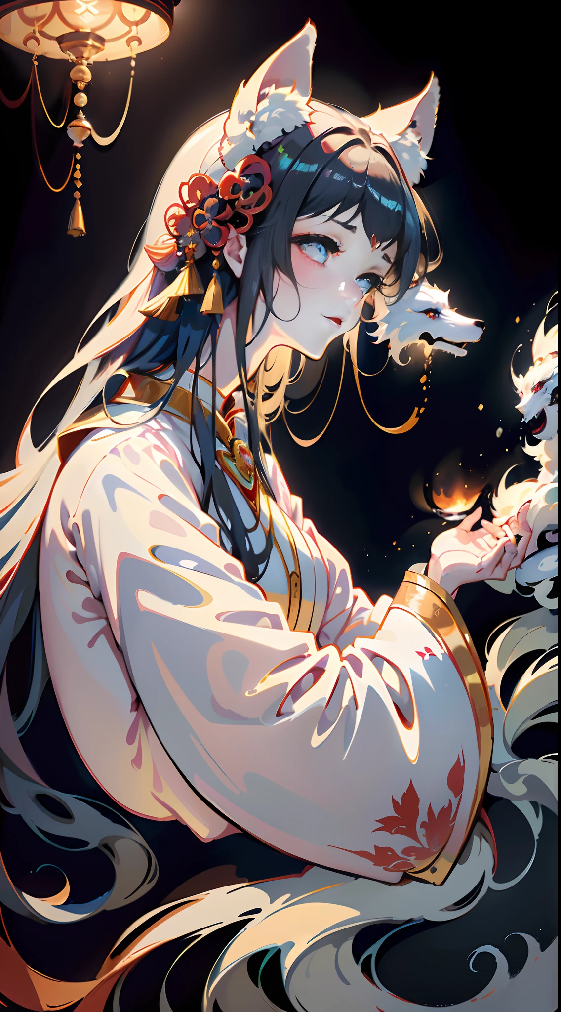 Kizi，fox demon，(Beautiful feet), (Beautiful hands)，long whitr hair, Coiled hair, (Detailed hand close-up), ((Detailed close-up of the face)), hair adornments, (Light silk), (Glazed tulle），(Detailed light), (Extremely colorful), Movie special effects, sit on a bed, Lazy posture, Holding a glowing butterfly，impressionistic, tmasterpiece, ultra-detailliert, Epic composition, high qulity, HighestQuali, 4K