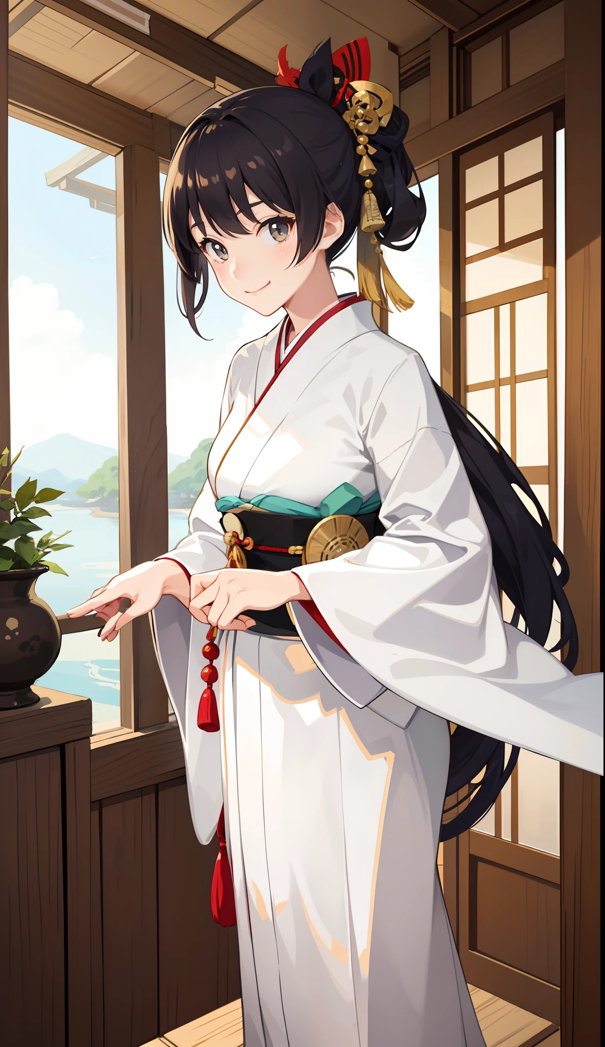 1girl in、A smile、A delightful! Taisho period in Japan、White color kimono、Hakama、(small tits)