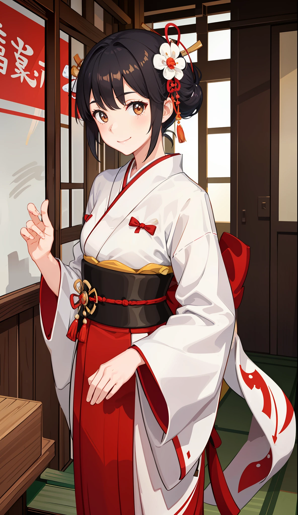 1girl in、A smile、A delightful! Taisho period in Japan、White color kimono、Hakama、(small tits)