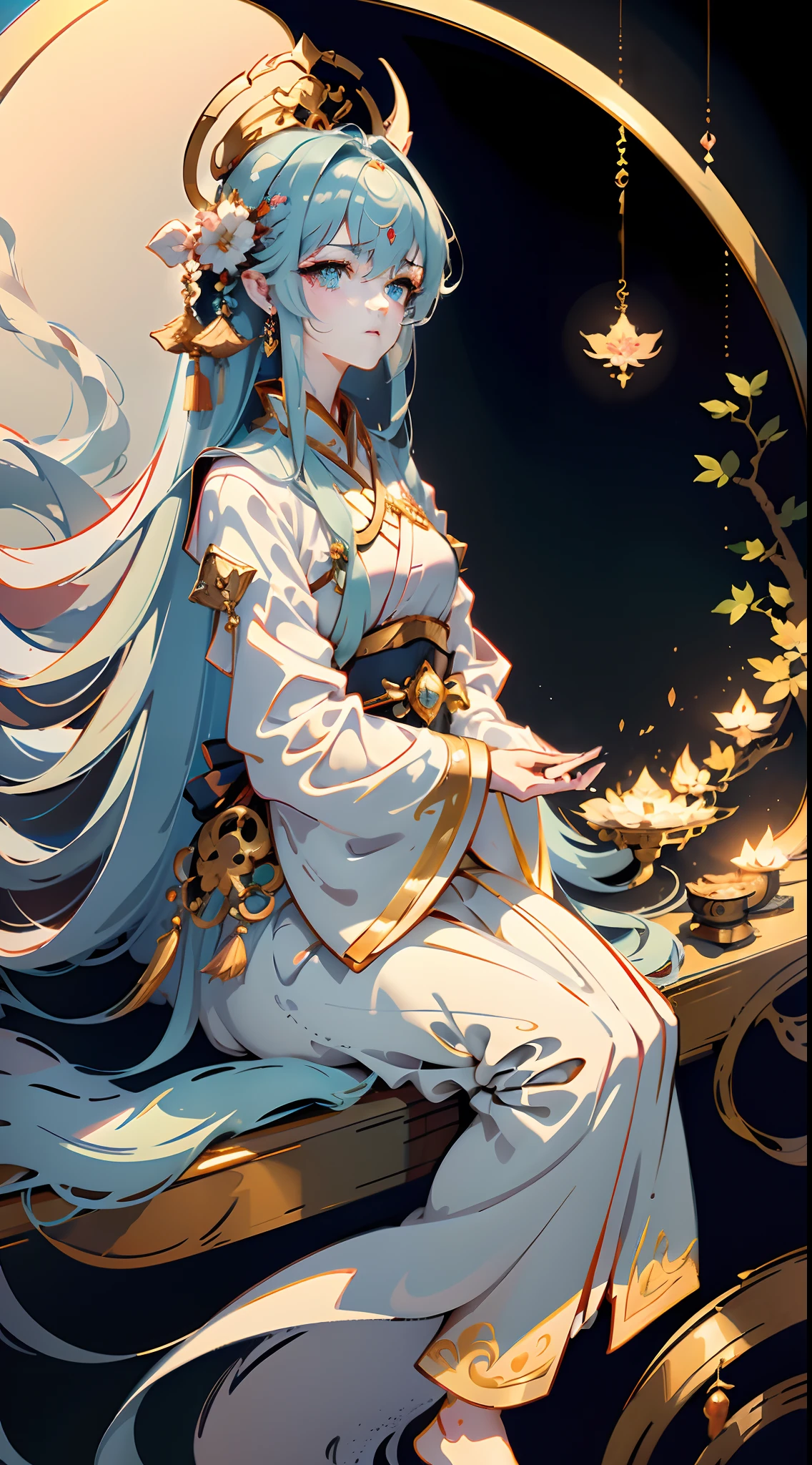 Kizi,fox demon,(Beautiful feet), (Beautiful hands),long whitr hair, Coiled hair, (Detailed hand close-up), ((Detailed close-up of the face)), hair adornments, (Light silk), (Glazed tulle),(Detailed light), (Extremely colorful), Movie special effects, sit on a bed, Lazy posture, Holding a glowing butterfly,impressionistic, tmasterpiece, ultra-detailliert, Epic composition, high qulity, HighestQuali, 4K