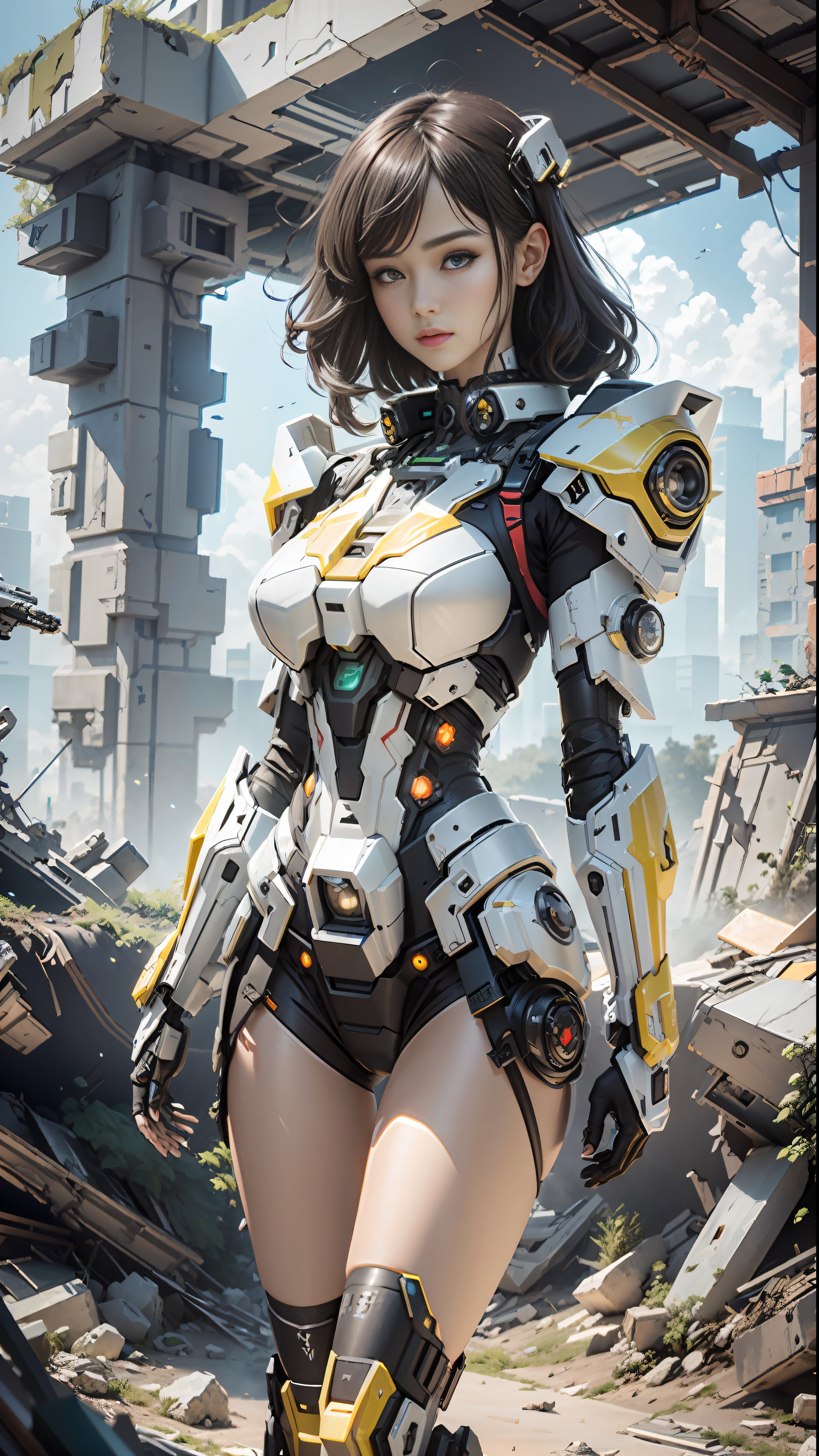 ((Best quality)), ((masterpiece)), (highly detailed:1.3), 3D,Shitu-mecha, beautiful cyberpunk women with her mecha in the ruins of city from a forgoten war, ancient technology,HDR (High Dynamic Range),Ray Tracing,NVIDIA RTX,Super-Resolution,Unreal 5,Subsurface scattering,PBR Texturing,Post-processing,Anisotropic Filtering,Depth-of-field,Maximum clarity and sharpness,Multi-layered textures,Albedo and Specular maps,Surface shading,Accurate simulation of light-material interaction,Perfect proportions,Octane Render,Two-tone lighting,Low ISO,White balance,Rule of thirds,Wide aperature,8K RAW,Efficient Sub-Pixel,sub-pixel convolution,luminescent particles,light scattering,Tyndall effect