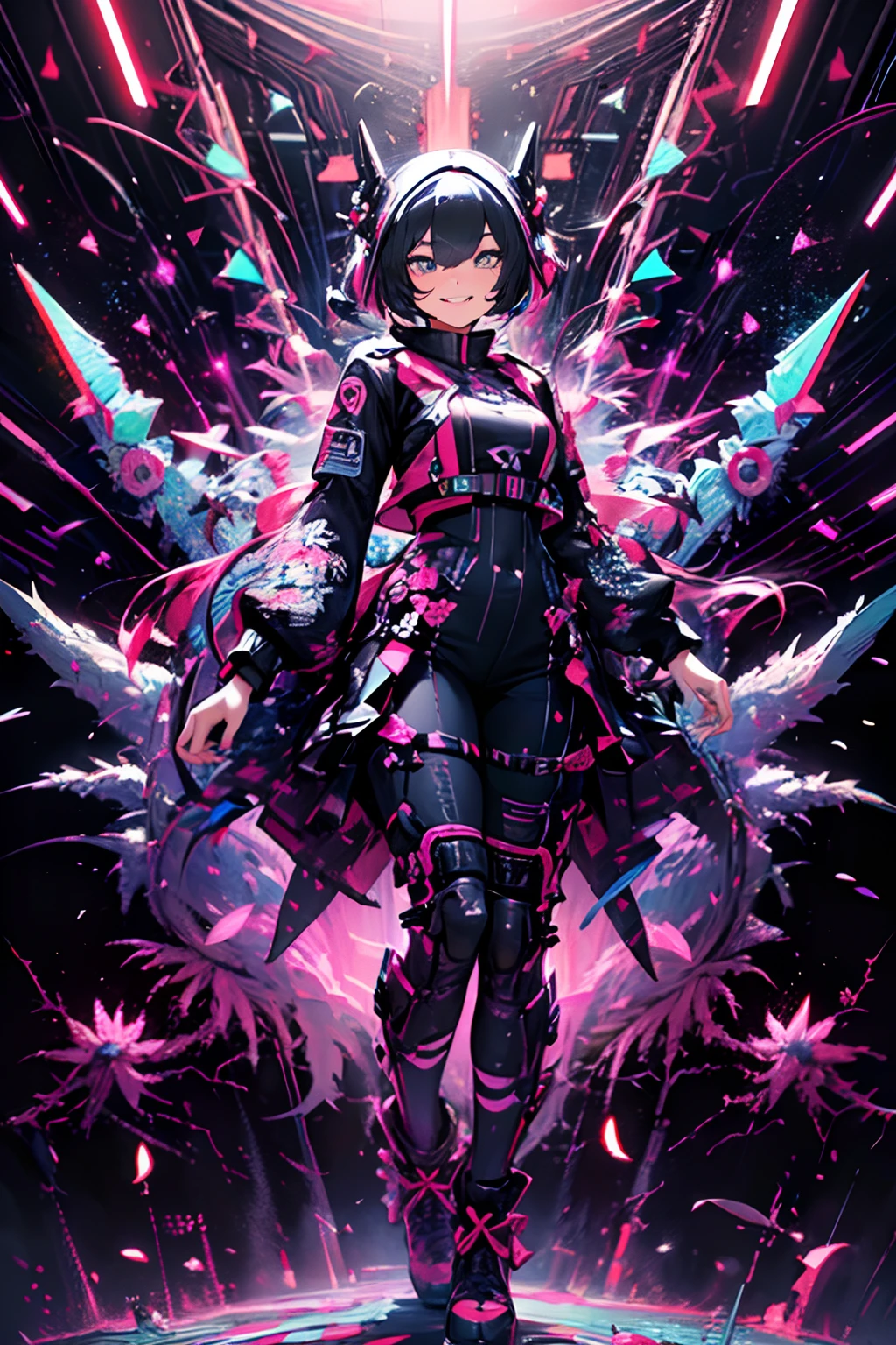 ((cyber punk perssonage)),Optical camouflage、vr goggles、Neon light、The future city、Glow-in-the-dark jumpsuit、(1girl in, Solo:1.6),(Cute smile),(The clothes are simple), (Best Impact:1.5), (Maximalism:1.7), Vivid Contrast, (Realistic), Hyper-realistic illustration, A high resolution, ultra - detailed, absurderes,(Fractal art:1.3)、Random hairstyle、Random hair colors are colorful、full body shot of、Retro、Precise focus、randome pose、cinema4d、Drama