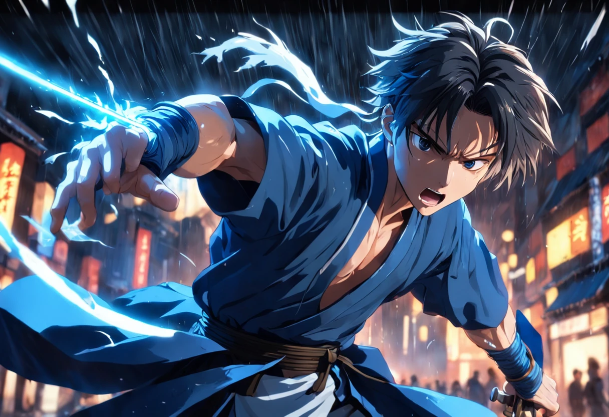 an extreme closeup shot:Male swordsman,Hands are normal,The body does not twist,Hair soars,Wielding a blue light knife,With a murderous expression on his face。Martial arts action,Motion blur,under rain,lightand shade contrast,top views,Liu Jibin was founded。