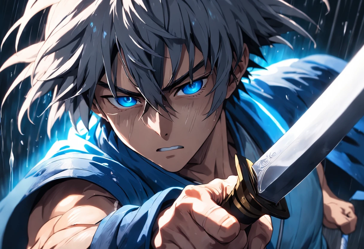 an extreme closeup shot:Male swordsman,Hands are normal,The body does not twist,Hair soars,Wielding a blue light knife,With a murderous expression on his face。Martial arts action,Motion blur,under rain,lightand shade contrast,top views,Liu Jibin was founded。