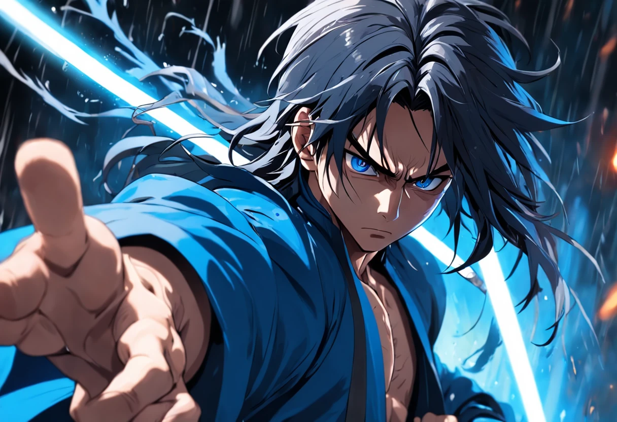 an extreme closeup shot:Male swordsman，Hands are normal，The body does not twist，Hair soars，Wielding a blue light knife，With a murderous expression on his face。Martial arts action，Motion blur，under rain，lightand shade contrast，top views，Liu Jibin was founded。