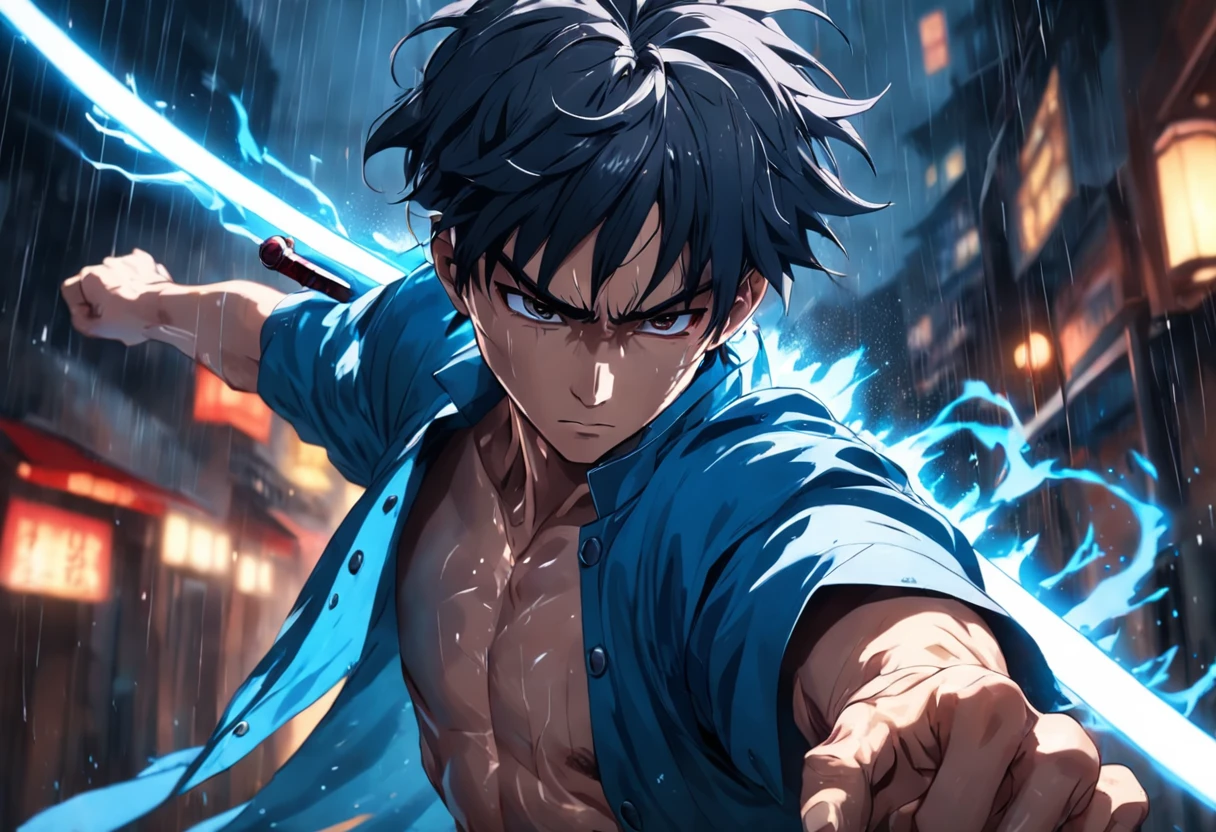 an extreme closeup shot:Male swordsman,Hands are normal,The body does not twist,Hair soars,Wielding a blue light knife,With a murderous expression on his face。Martial arts action,Motion blur,under rain,lightand shade contrast,top views,Liu Jibin was founded。