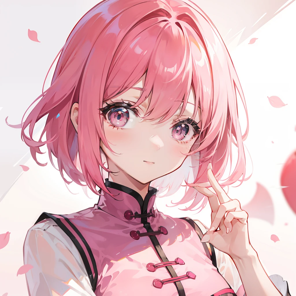 Short pink hair with a sense of transparency,Wearing a pink Chinese-style school uniform,It seems to be a very light sweet girl