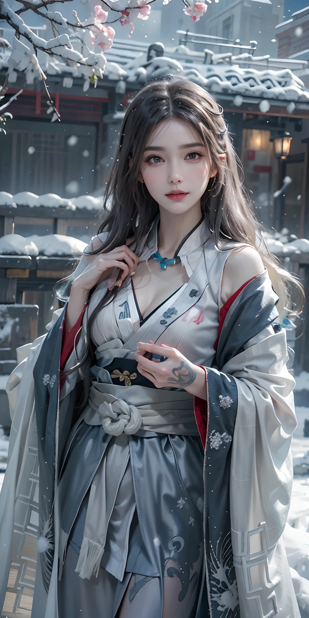 photorealistic, high resolution, soft light,1women, solo, hips up, shining skin, (detailed face),tattoo, jewelry, winter hanfu, cloak, snow, night, wavy hair, Beautiful Soldier, Eyes That Invite Viewer, Lover's Perspective, Inviting Expression, Sexy Smile, Perfect Style, Perfect Balance, Detailed Skin, Naughty Gaze, Chest Visible