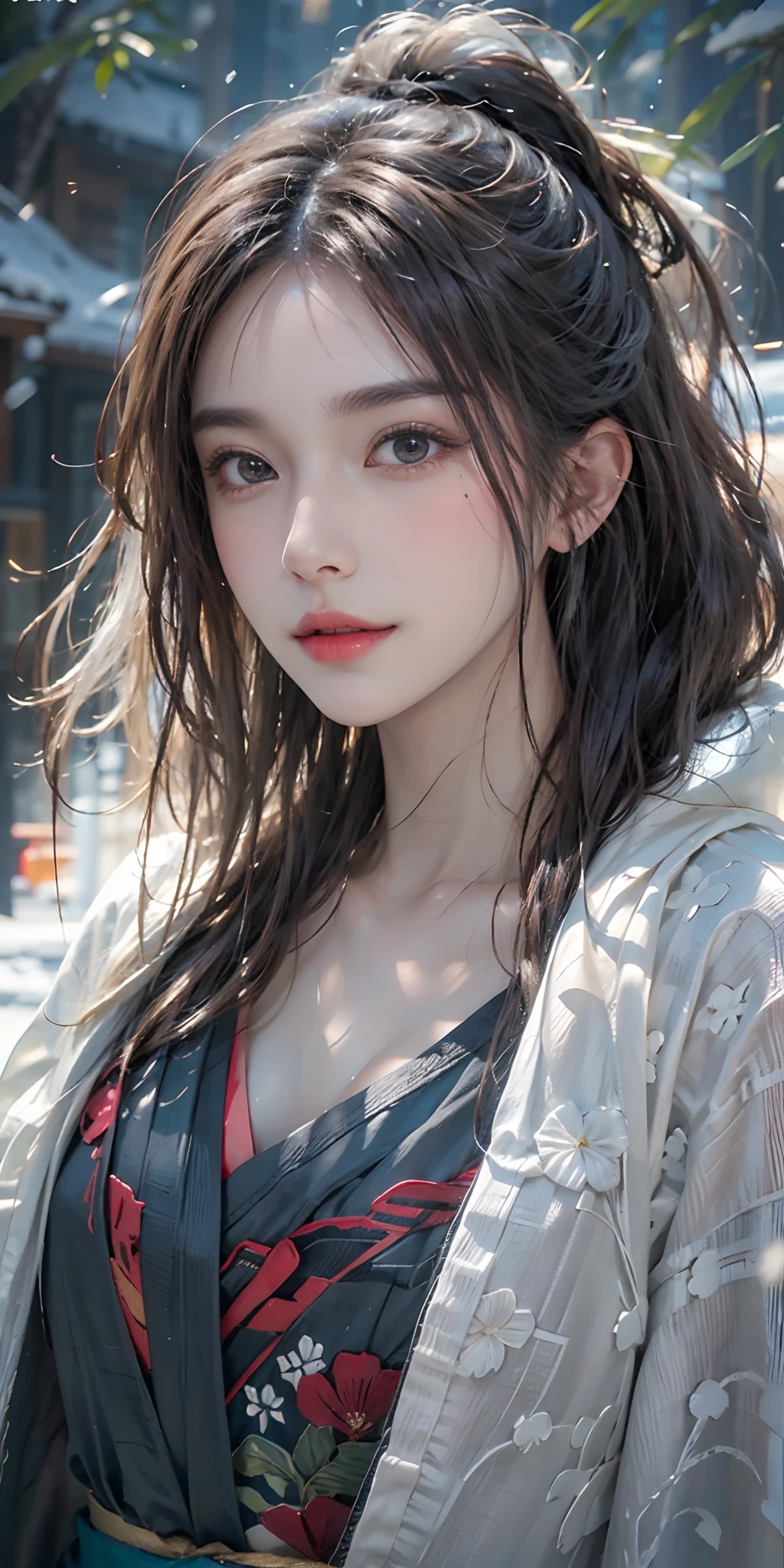 Photorealistic, high resolution, Soft light,1womanl, Solo, Hips up, shiny skins, (Detailed face),tattoo, jewelry, Winter hanfu, Cloak, Snow, Night, Wavy hair, Beautiful soldiers, Grab the audience's eye, Lover's perspective, Invitation expression, Sexy smile, Perfect style, Perfect balance, Detailed skin, mischievous gaze, chest visible