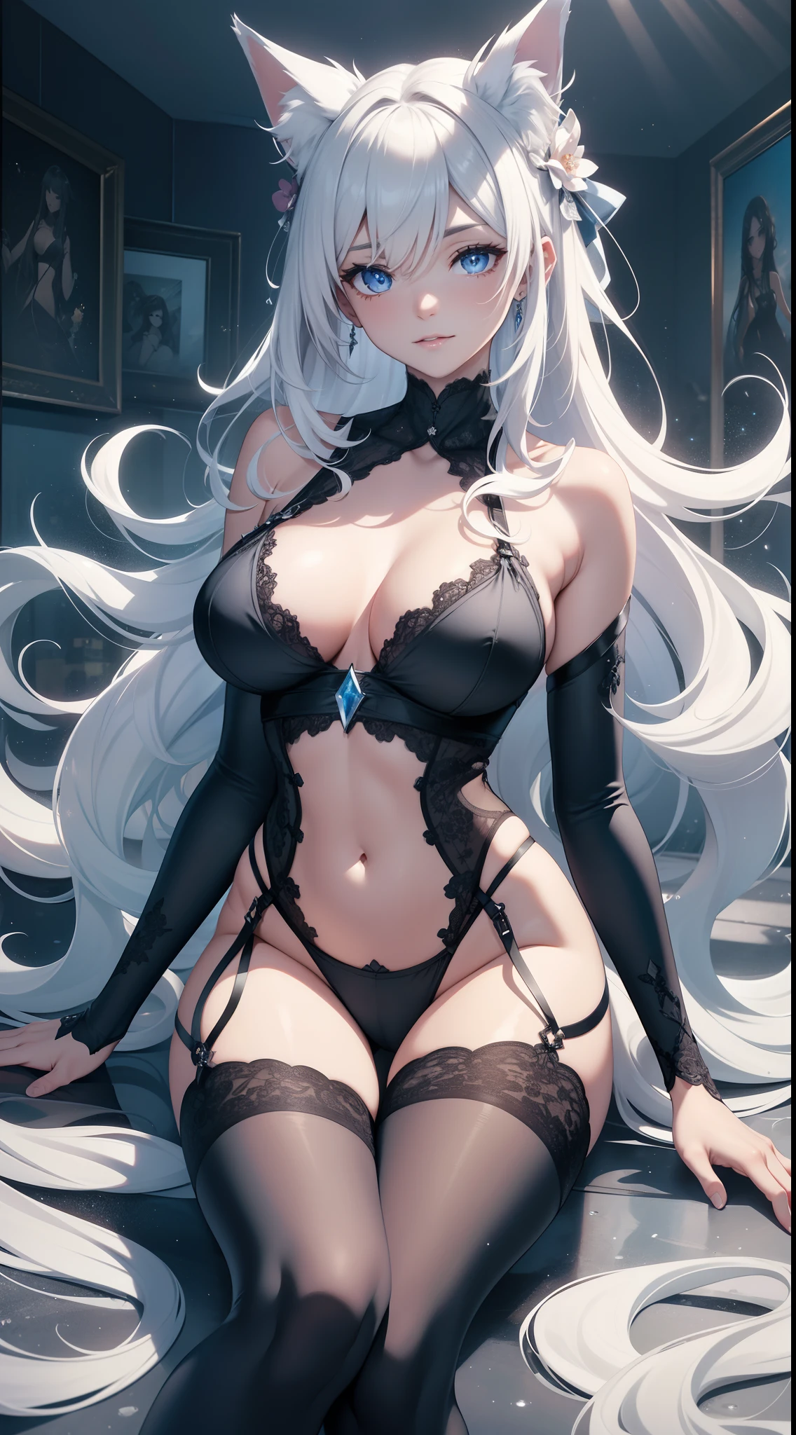 full bodyesbian,tmasterpiece,Best quality at best,offcial art,Very detailed CG 8k wallpaper,(flying petal)(detailed ice),The crystal texture of the skin,Grim expression,(fox ear),whaite hair,long whitr hair,messy hair,eBlue eyes,Medium breasts,looking at viewert,Hand is truly optimized,The foot is truly and reasonably optimized,Very fine and beautiful,A high resolution,Underwear lace(transparent pubic hair,Silky),Open navel,Sling pajamas black silk(transparent pubic hair,Silky),Strangle leg rings,close-up on legs,unilateral ponytail,whaite hair,Flushed face,Lie down,Background bed,water stain(Close up of transparent water stains),lots of resolution,Close-up of the hand,The lines are clear and realistic,photograph realistic,best qualtiy,tmasterpiece,Extremely refined and beautiful,extremely detaile,CG 8K,Amazing Cleavage,finely detailled,tmasterpiece,Best quality at best,extremely detailed CG unity 8k wal