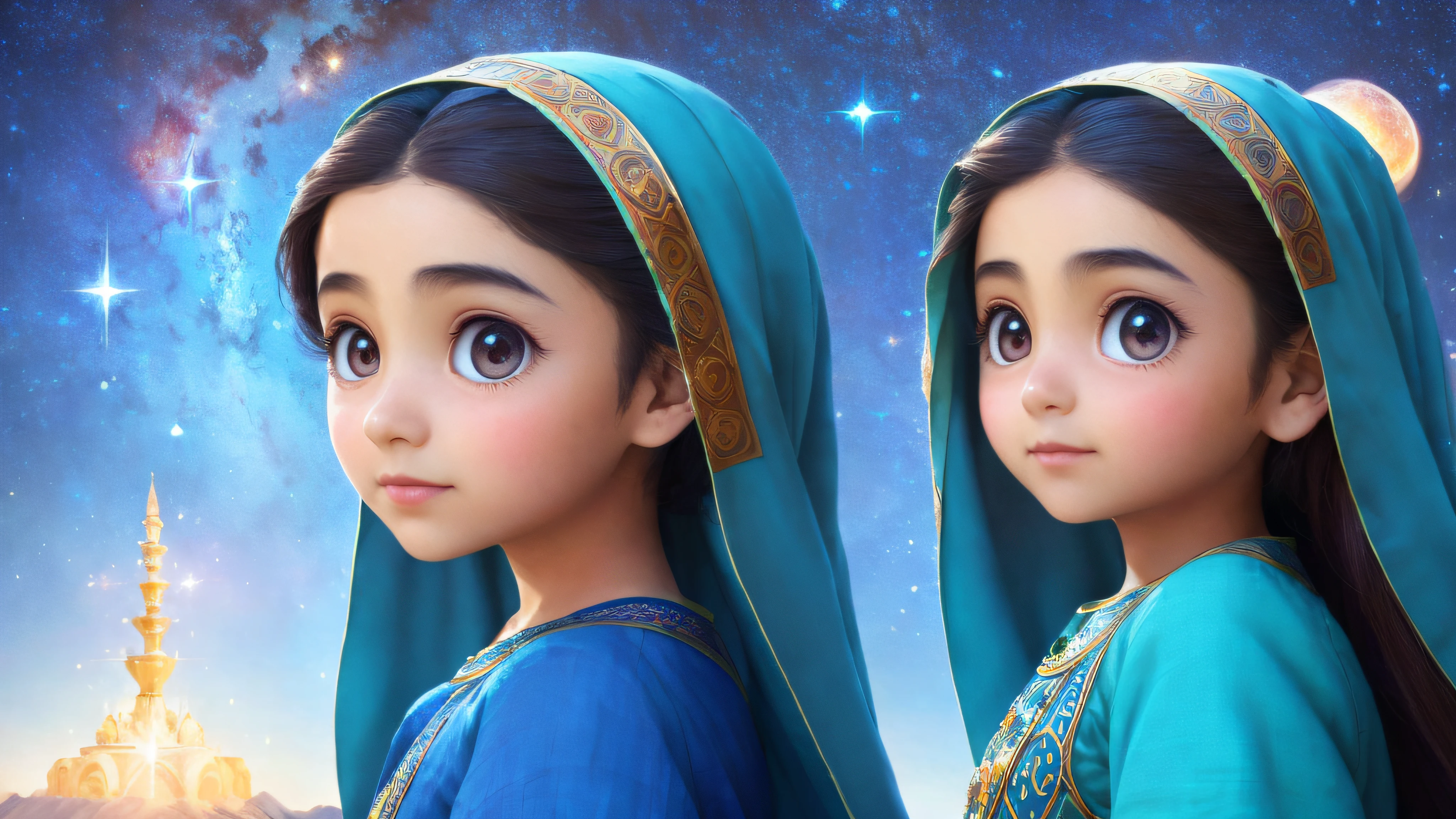 beautiful afghan girl, side view, disney pixar style, rotation, style, right, -- auto -- s2, (magical) tree of life galaxy, (night sky), (stars), artwork, (space dust ), (nebula), concept art, high resolution, high detail, complex, (masterpiece: 1.2), (best quality: 1.2)