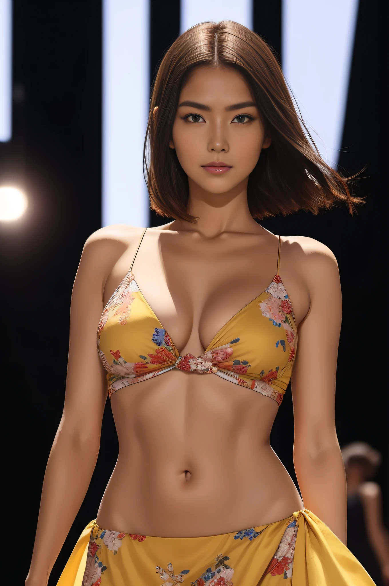 Best quality,tmasterpiece,1girll,red tinted hair,short detailed hair,eBlue eyes,shiny skins,sunflare,an award winning photograph, Wide-angle photo on the catwalk, stage lighting,Healthy body, closeup cleavage, with dynamism, Photorealistic, Realistic, Dramatic, Dark, Sharp focus, 8K,20yr old,fully body photo((top-quality,8K,tmasterpiece:1.3)),Sharp focus:1.2,Beautiful Women in Perfect Figure:1.4,The abdomen is slender:1.2,((Layered Hair Style,:1.2)),Large breasts 1.3,Green floral miniskirt,(distance:1.2),Yellow robe,Moist body:1.1,Very delicate face and skin texture,Detailed eyes,二重まぶた, suntanned skin,Raised sexy,marron marron,Real skin,Real eyebrows,Blue eyeballs,perfect proportion of body,facing away from the audience,Twist back,Exercise posture,looking at viewert,Gaze towards the viewer,Catwalk walk