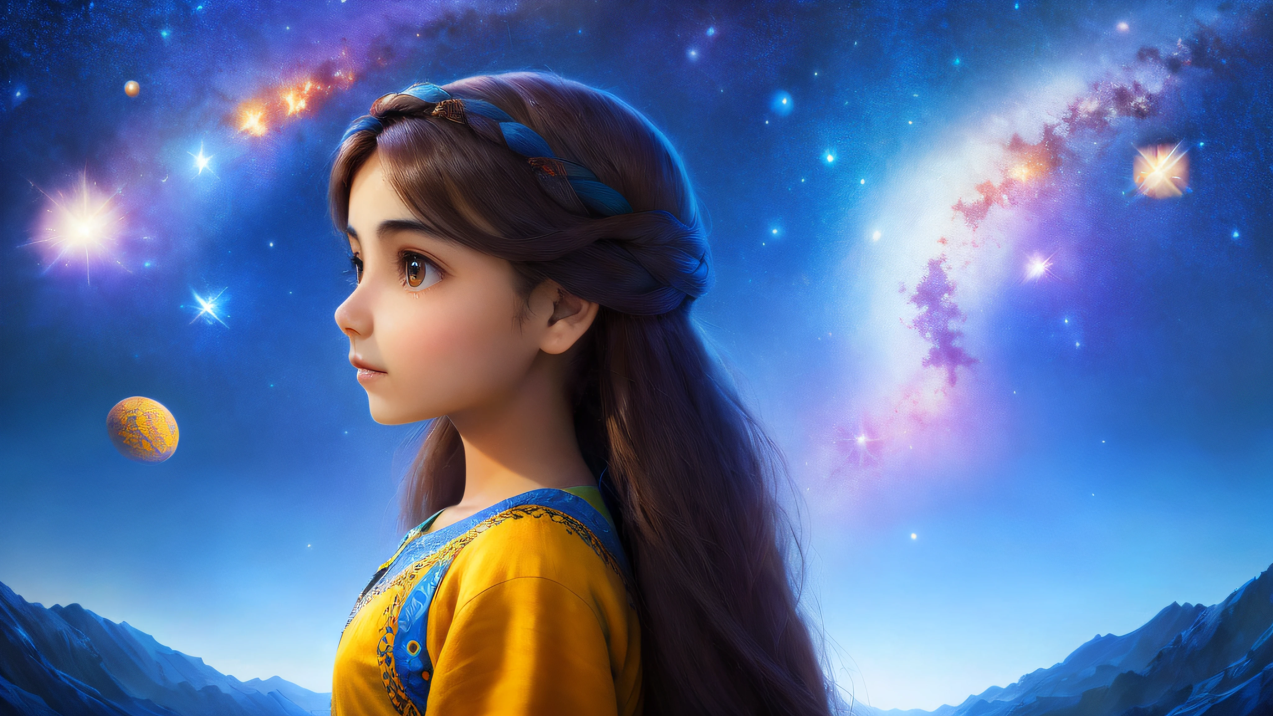 beautiful afghan girl, side view, disney pixar style, rotation, style, right, -- auto -- s2, (magical) tree of life galaxy, (night sky), (stars), artwork, (space dust ), (nebula), concept art, high resolution, high detail, complex, (masterpiece: 1.2), (best quality: 1.2)