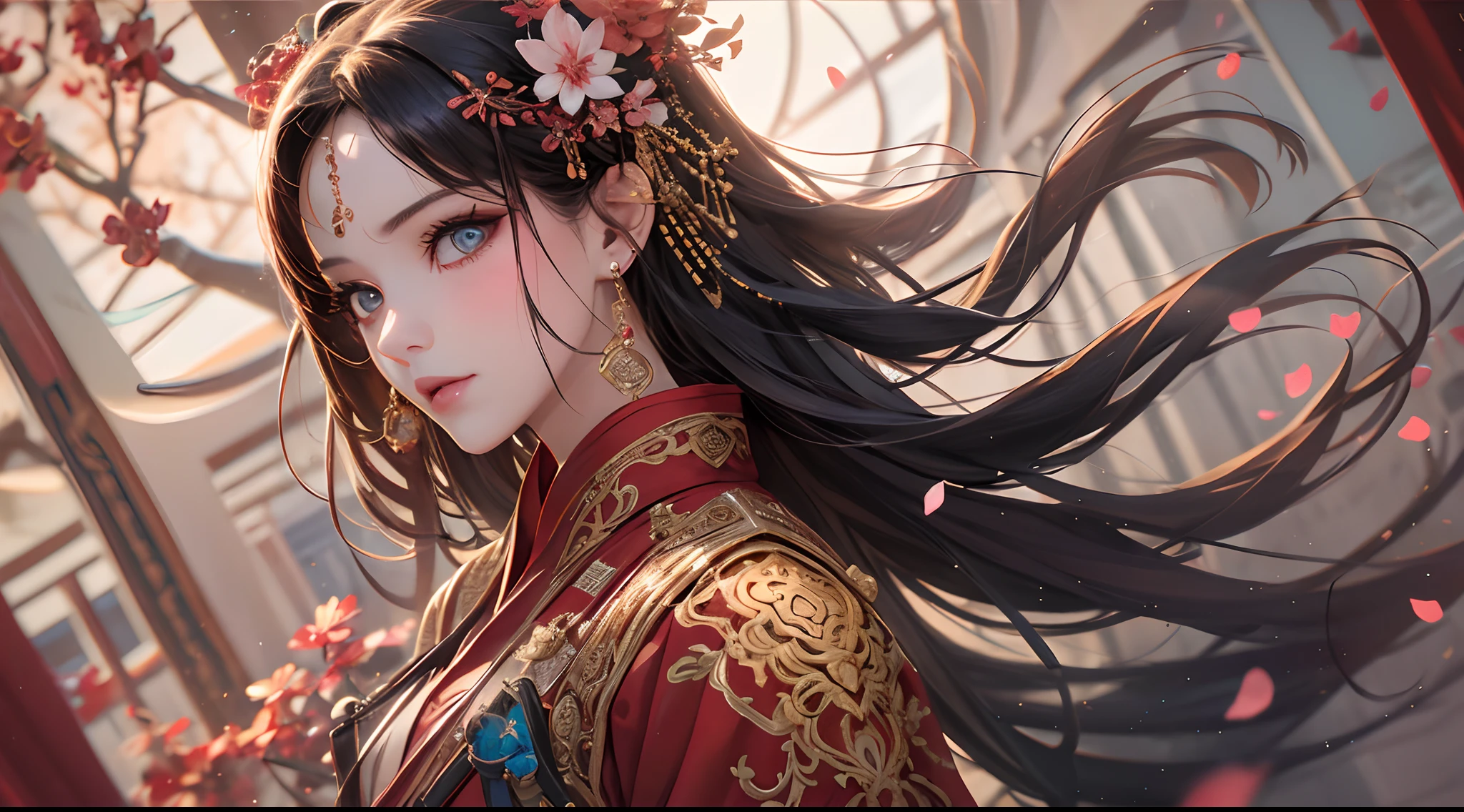 ((best qualtiy)), ((tmasterpiece)), (detail:1.4),hdr(HighDynamicRange),Ray traching,NVIDIA RTX,Hyper-Resolution,illusory 5,sub surface scattering,PBR textures,post-proces,Anisotropy Filtering,depth of fields,maximum definition and sharpness,Many-Layer Textures,perfectly proportioned,rendering by octane,Two-colored light,largeaperture,((Perfect body woman)),Fine pupils,Delicate face and eyes,long eyelasher,Blushlush,pink lip,Pure,Cute face,Sweet girl,Artistic sense,Advancedsense,Weddings,Cherry blossom petal,Long hair and waist,Hair fluttering in the wind,((golden ornaments,Full body like,red color Hanfu,cabelos preto e longos,))