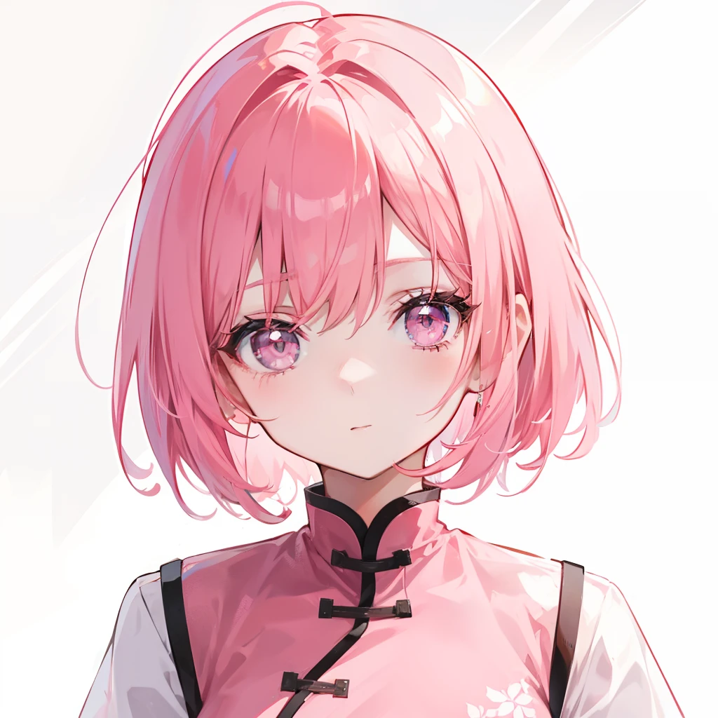 Short pink hair with a sense of transparency，Wearing a pink collar，Contemporary Chinese school uniform with pink edge，It seems to be a very light sweet girl