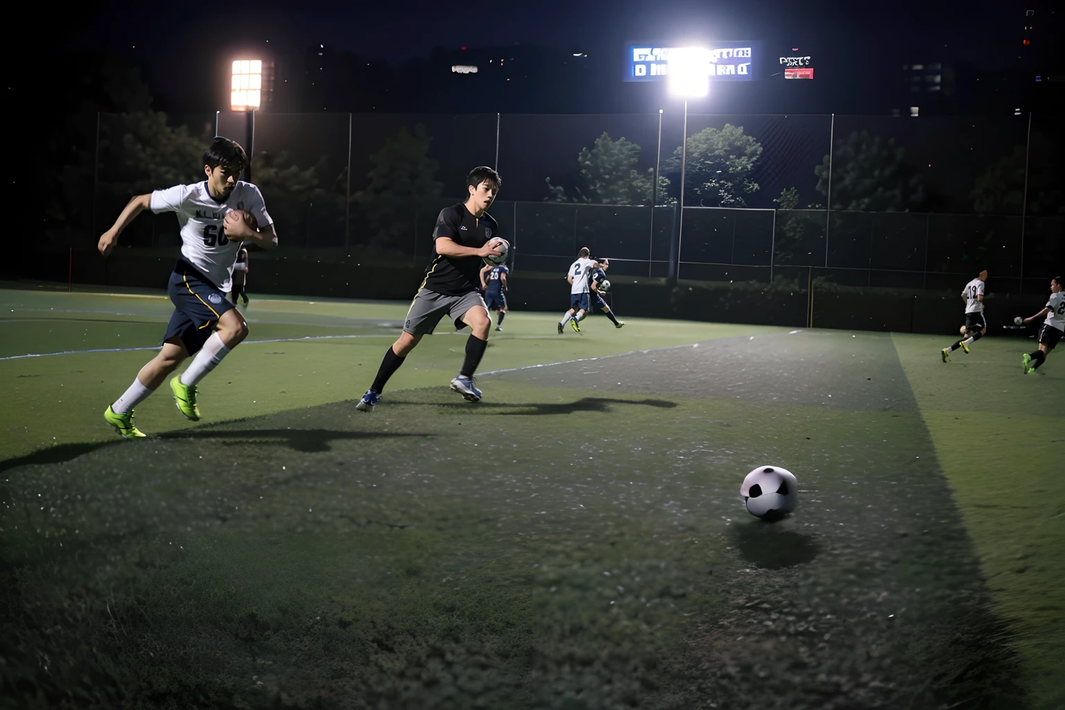 Several people played football on the pitch at night, action  shot, 8K 50mm ISO 10, on a football field, play soccer, opening shot, 2 4 mm ISO 8 0 0, flying shot, dynamic action shot, sport game, on a football field, wide angle dynamic action shot, mid air shot