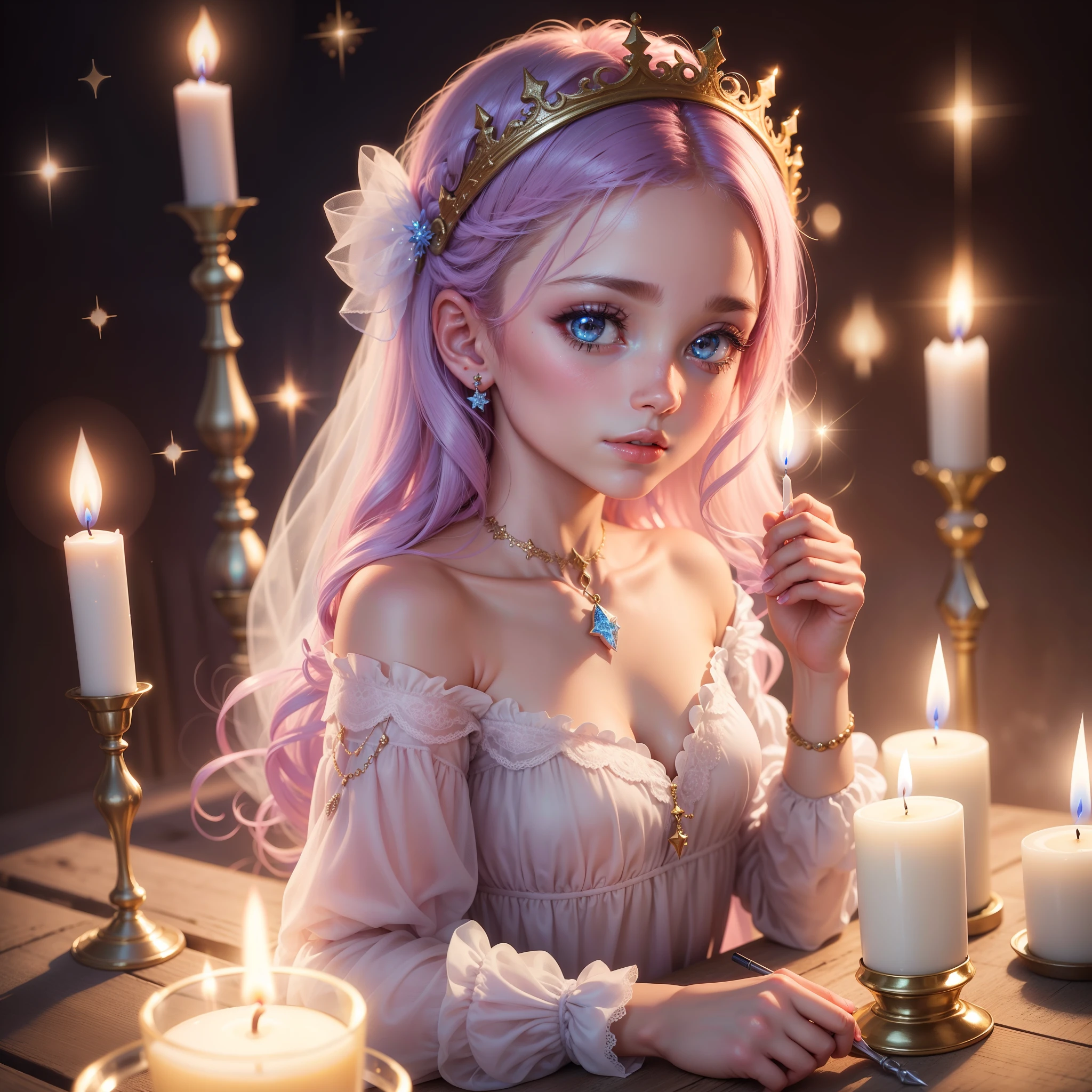 Girl holding enchanted candle, vela com glitter, cor pastel, hiper realista