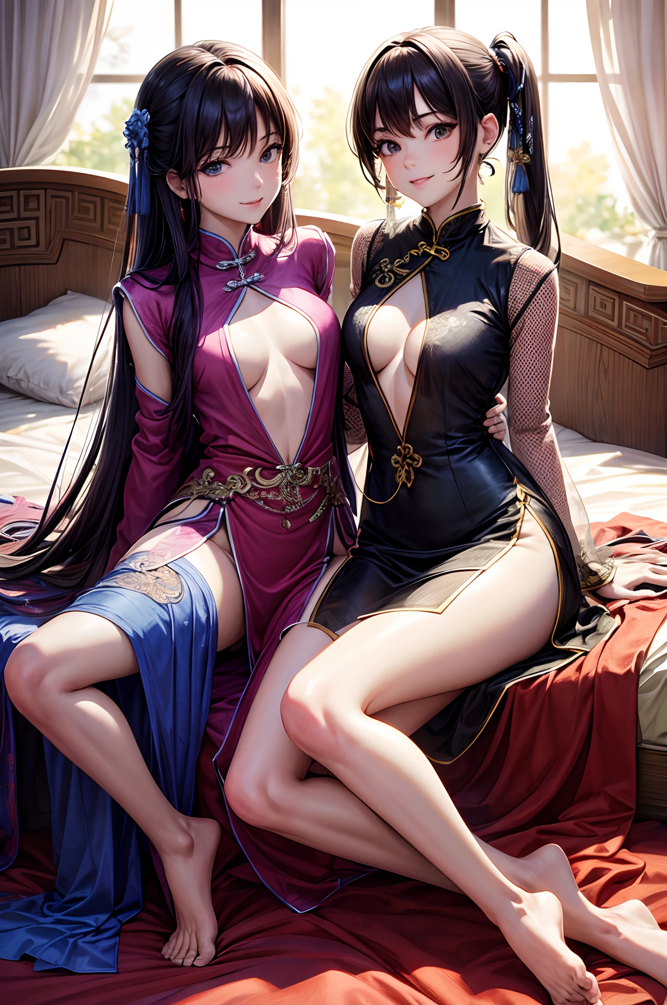 Multiple beauties touching each other, (Transparent shirt: 1.2), (Open shirt), Light clothes, Sleeveless, Two women posing on the bed for a photo, Surreal full-body figure, Beautiful and detailed body and face, gorgeous figure, pony tails, Clear, Smile, Moaning, Tease, Surreal full body body, Beautiful and detailed body and face, Extra-long viewing angle, Fair skin, Bright colors, Asian, There is almost nothing in the clothes, Blurry, Chinese clothing underwear