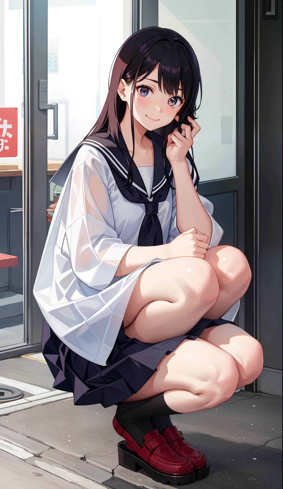 1girl in、A smile、The shirt、skirt by the、(small tits)Chilarism、Japan High School Student Uniform、serafuku、summer clothing、(Sheer Bra)、Upper body portrait、Squatting panchira、
