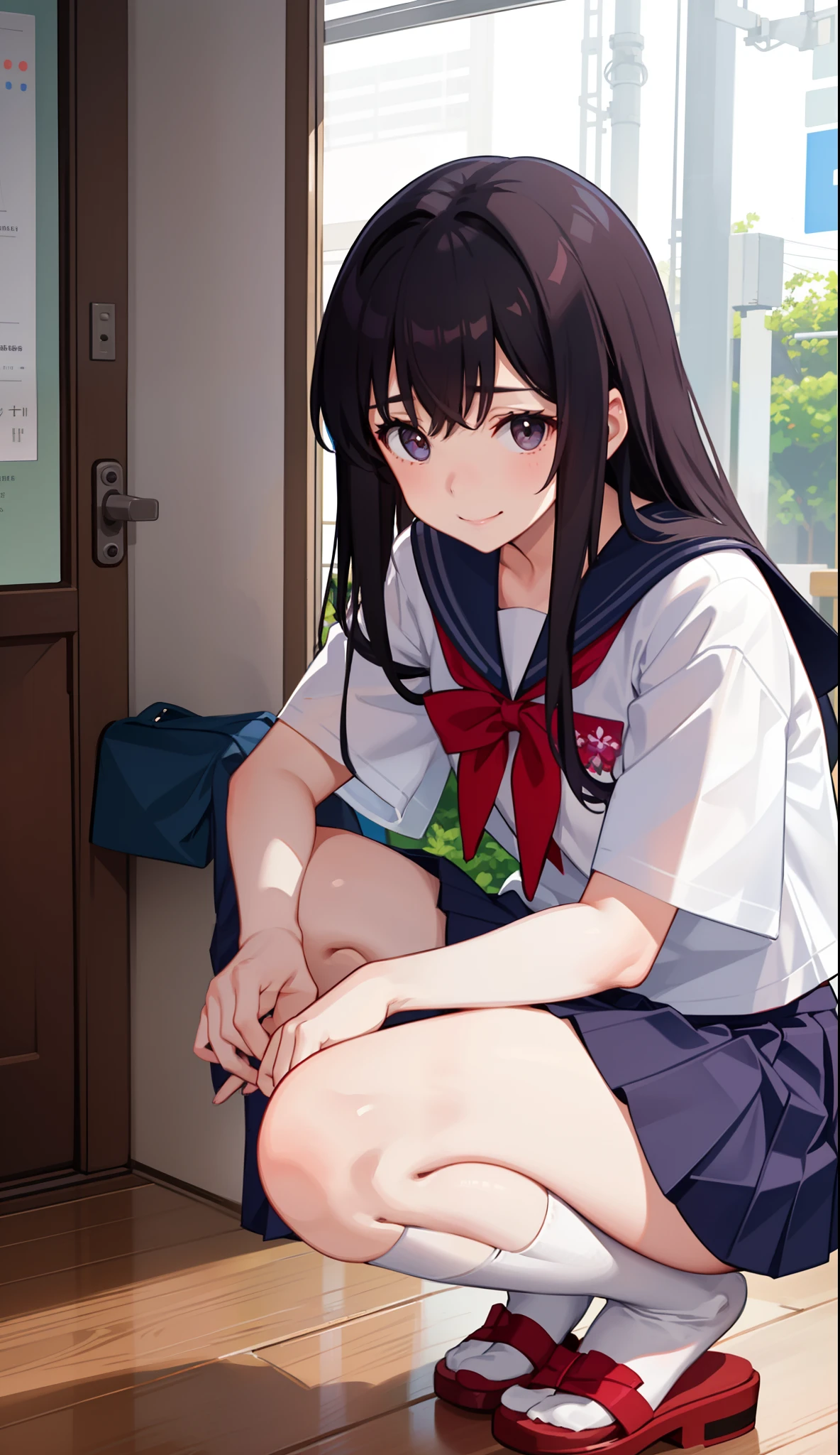 1girl in、A smile、The shirt、skirt by the、(small tits)Chilarism、Japan High School Student Uniform、serafuku、summer clothing、(Sheer Bra)、Upper body portrait、Squatting panchira、