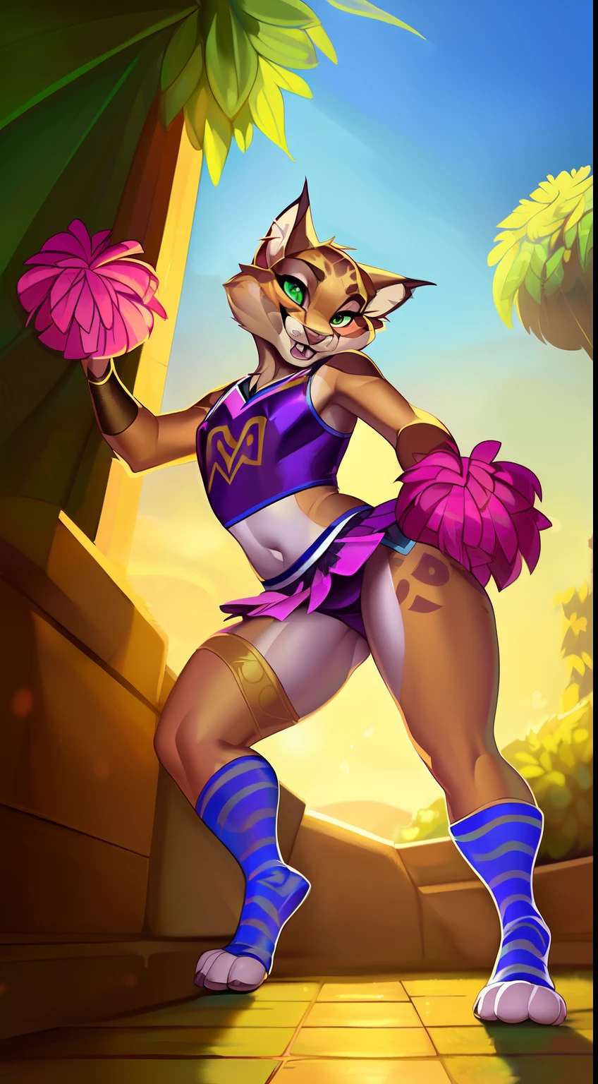 subido el e621, por Pixelsketcher, por Bayard Wu, por Thomas Benjamin Kennington , por Einshelm, (realista:1.2), Jade el lince, Linx, hembra, Anthro peludo, Orejas de gato, nariz rosada, (Detailed clear aquatic eyes:1.3), colmillos, beige brown hair, (Flecos largos:1.5), Cola de caballo, Cuerpo bronceado claro, Cara intrincadamente detallada, tuft of skin from the neck, (tomboy), (Correa de cuchillo para muslos:1.4), (Chibi:0.8), vida real, ((retrato)), De pie seductoramente, dynamic pose, (Cola corta de lince:1.4), (detailed lighting by Bonifasko), (pelaje esponjoso), (Piel detallada), (Piel detallada), dedo del pie de camello, (sonrisa afectada:1.1), cinematic lighting, ((Antecedentes detallados del bosque, cascada, Colinas, tree)), oasis, Hermoso lago, Vista gran angular, (sombra de medio cuerpo:1.3), [Contre-Jour], [[rayo crepuscular]], bare belly, belly discovered, navel, semi covered ass, [luz ambiental detallada], [gray natural lighting], [luz ambiental en el vientre], (Mayor detalle salvaje de la vida silvestre), Al aire libre, vista al mar y playa, [proporciones realistas], [foco nítido], (sombreado), ((obra maestra)), (((((wearing a sexy cheerleader uniform with pom poms and striped socks, very sexy cheerleader uniform with pom poms and striped socks, sexy cheerleader uniform with pom poms and striped socks, cheerleader uniform with pom poms and striped socks, sexy striped socks, extremely and intricately detailed femboy striped socks, extremely and very intricately detailed cheerleader uniform, extremely detailed pom poms, striped socks, two tone striped socks, pink and black socks))))), Rear view, Looking back at the viewer, ((showing her ass, spreading ass, grabbing ass, presenting hindquarters))