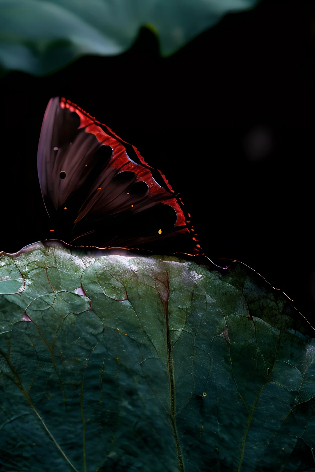 Lotus leaf,Lotus root, macro photograph, Light contrast, prize winning color photo, taken with a pentax k1000, But as macro photography, harmony of butterfly, Back - lit, against a deep black background, In profile, Still photography, highly detailed, left profile