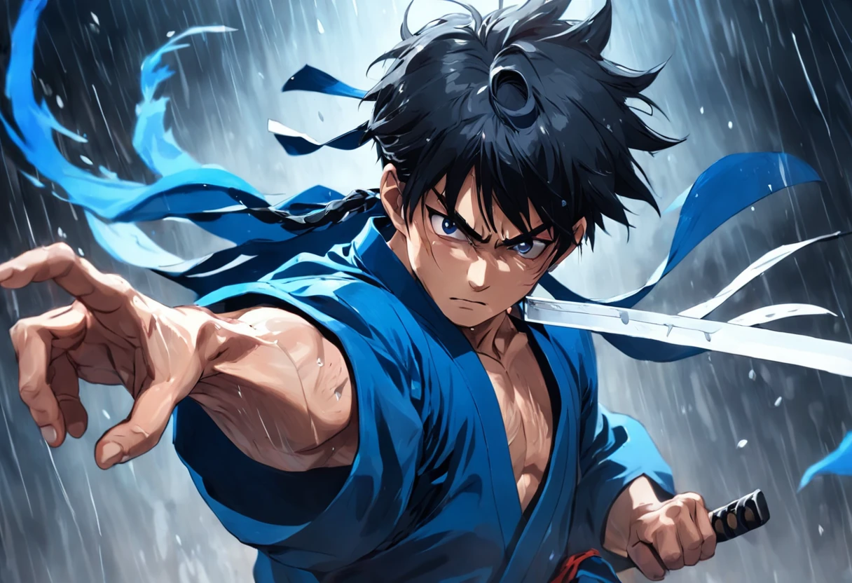 an extreme closeup shot:Male swordsman,Hands are normal,The body does not twist,Hair soars,Wielding a blue light knife,With a murderous expression on his face。Martial arts action,Fighting posture,Motion blur,under rain,lightand shade contrast,top views,中景 the scene is,Focus on people。Depth of field 2.0。Chinese ink splash painting style,Drawn by Xu Beihong。