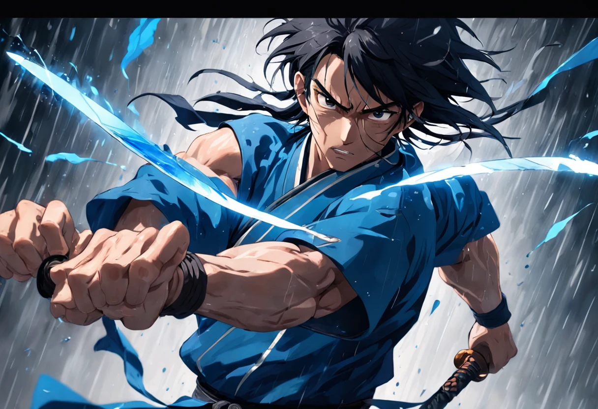 an extreme closeup shot:Male swordsman，Hands are normal，The body does not twist，Hair soars，Wielding a blue light knife，With a murderous expression on his face。Martial arts action，Fighting posture，Motion blur，under rain，lightand shade contrast，top views，中景 the scene is，Focus on people。Depth of field 2.0。Chinese ink splash painting style，Drawn by Xu Beihong。