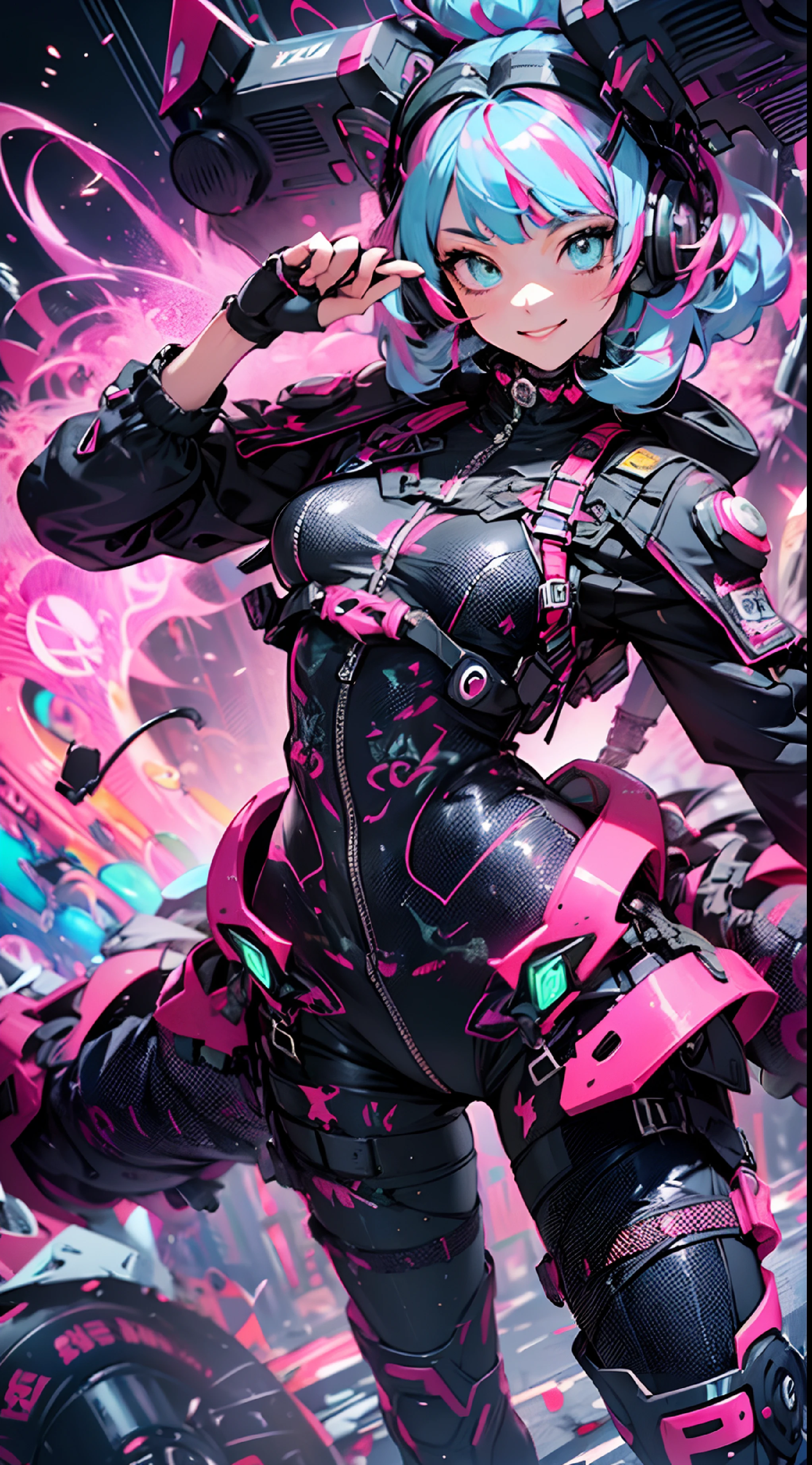 ((cyberpunked)),Optical camouflage、VR Goggles、Neon light、City of the Future、Glowing jumpsuit、(1girl in, Solo:1.6),(Cute smile),(Clothes are simple), (Best Impact:1.5), (maximalism:1.7), Vivid contrast, (Realistic), hyperrealistic illustrations, hight resolution, ultra-detailliert, absurderes,(Fractal Art:1.3)、Random hairstyle、Random hair color colorful、FULL BODYSHOT、Retro、Precise focus、randome pose、cinema4d、Drama