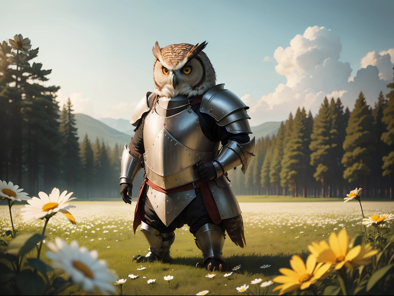 ferocious owl-bear in full plate armor standing in a field of daisies