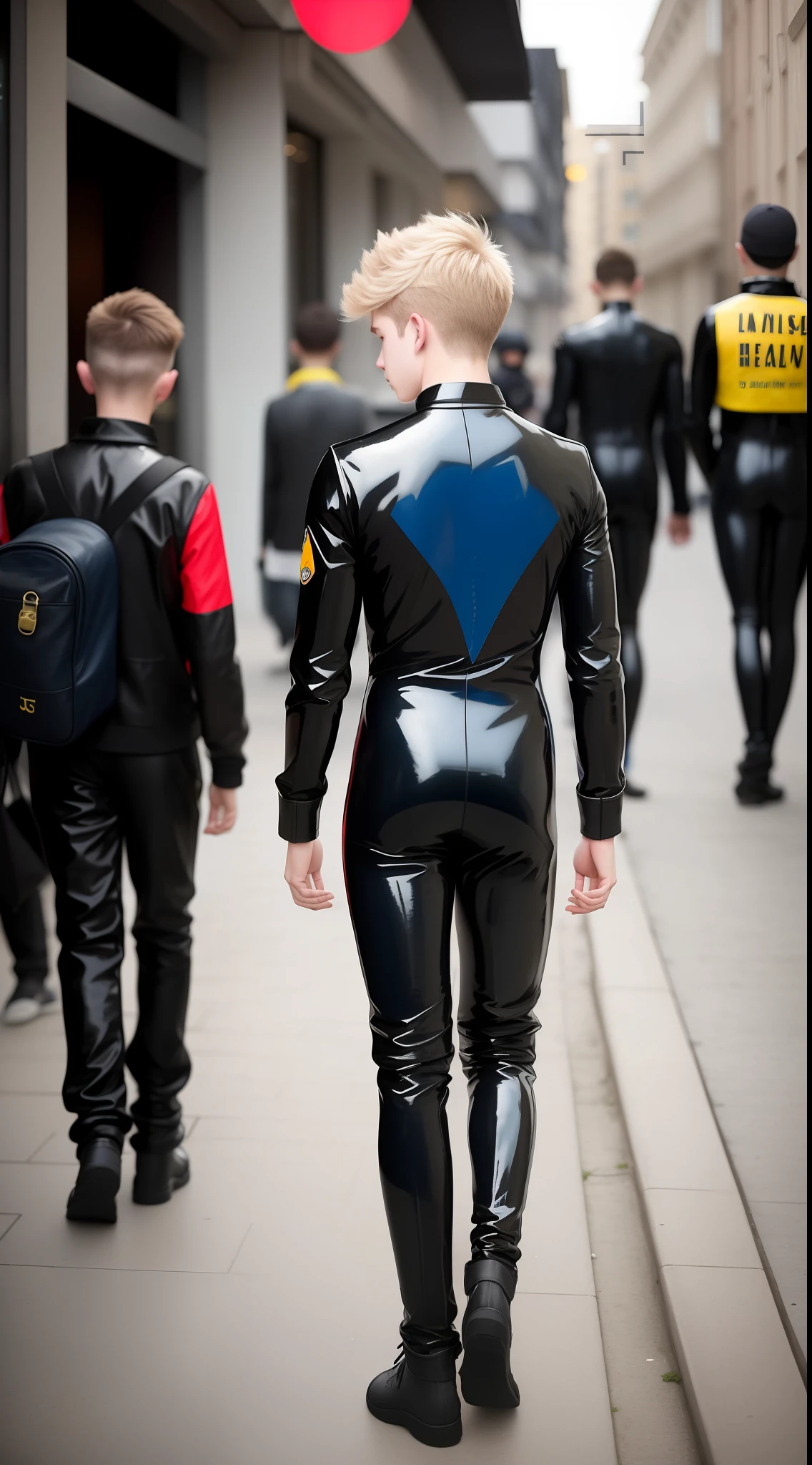 A 16-year-old boy,Blue blonde hair,Teenage uncensored,Wearing a black tight latex suit,(Full body photo of the back:8.5),Street photography