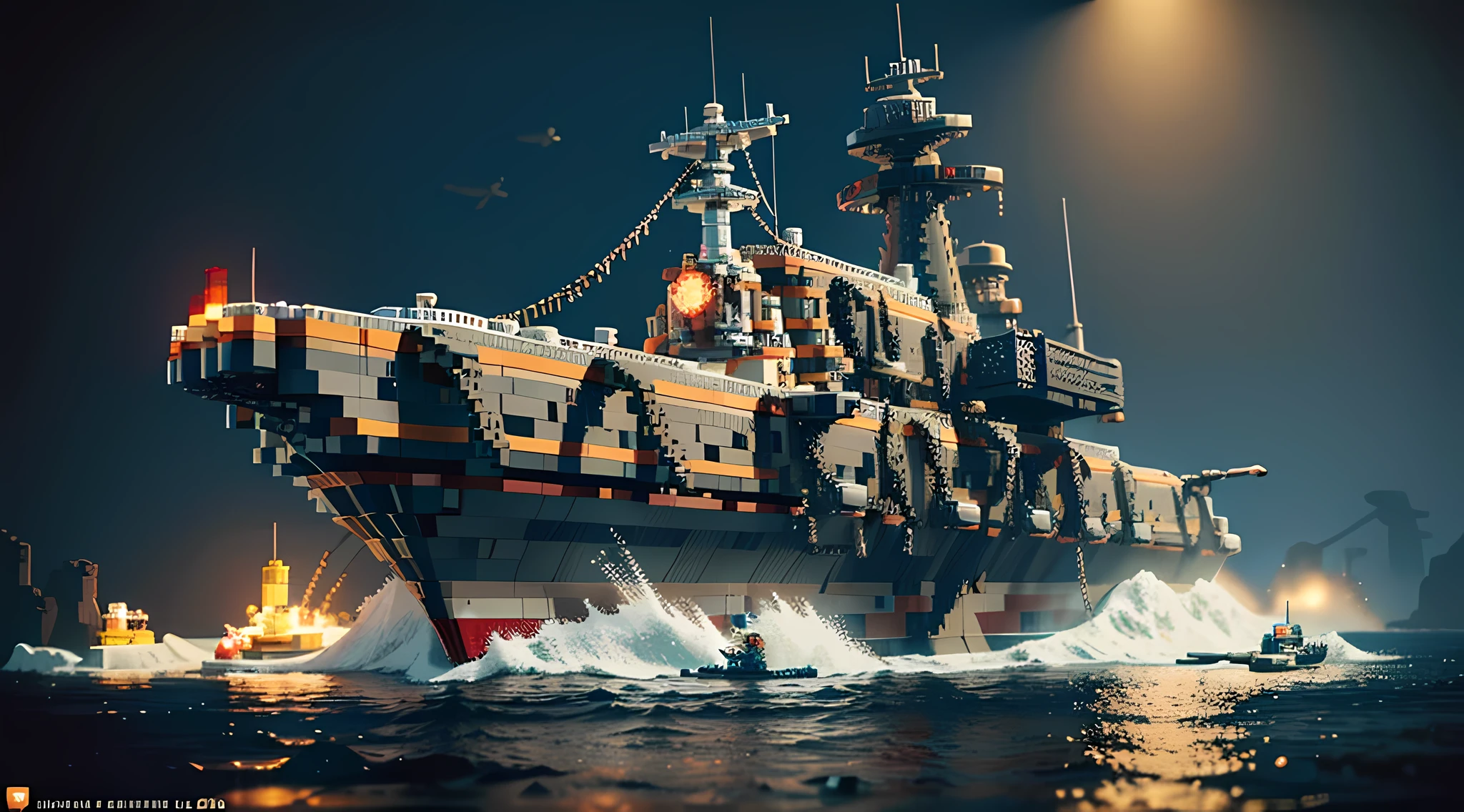 There is a submarine sitting on the rocks, magicavoxel cinematic lighting, Steampunk submarines!, high quality voxel art, 8K high quality detailed art, intricate highly detailed 8 k, super detailed color lowpoly art, voxels art, super detailed render, (rendering by octane) Fantasy style, made of lego, very very highly detailed