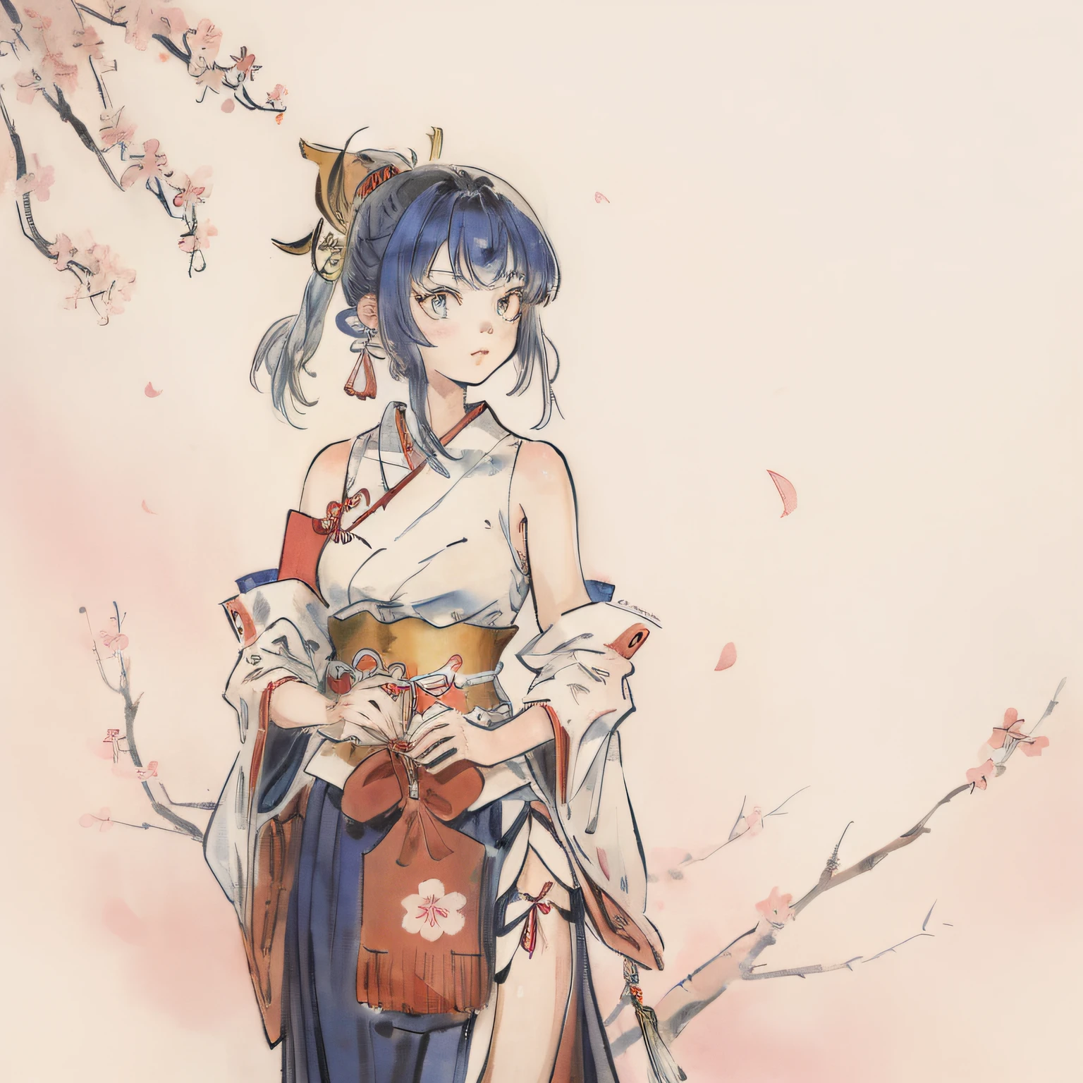 (watercolor_medium), ((ukiyoe style)), ((((masterpiece)))), (((best quality))), (illustration),(1girl:1.5),(solo:1.5), ((an extremely delicate and beautiful)), (()) , cute, ((hime_cut)), side blunt bangs,(ultramarine hair:1.2), hairs between eyes, ribbons, Bracelet , bare shoulders,((japanese_clothes)), sakura, ((slit pupils)), ((miko)), (off_shoulder), ace, (Kagura Suzu),sword