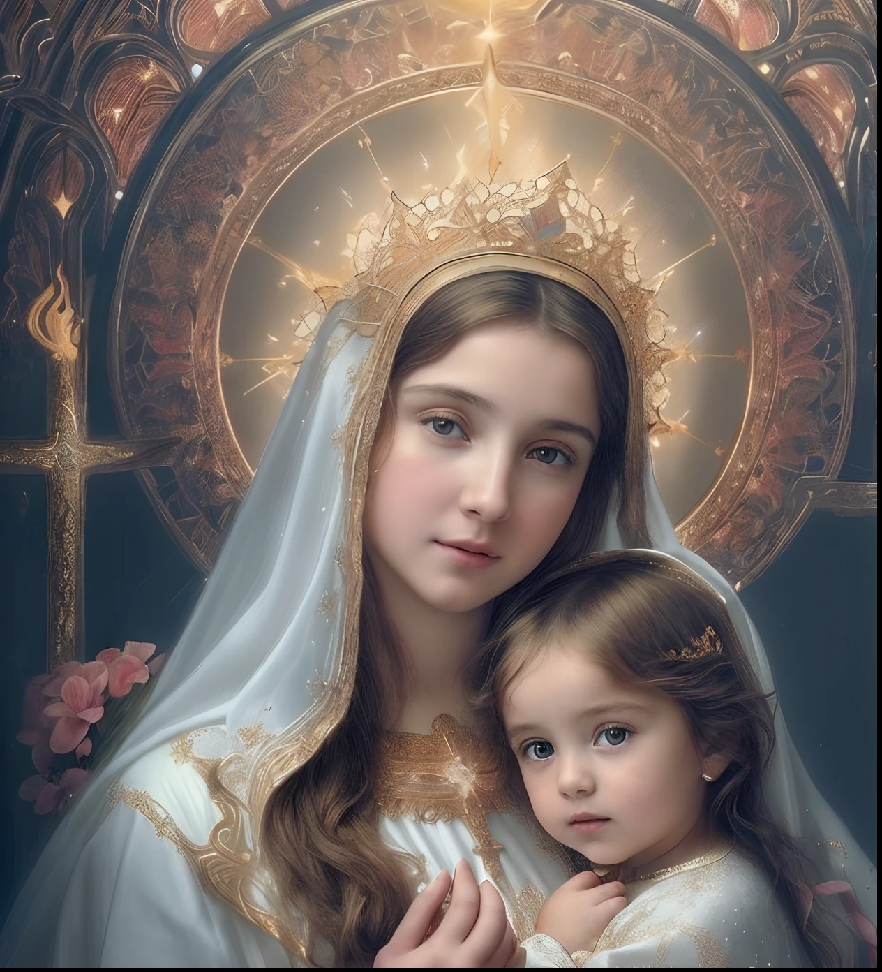 (((Blessed Virgin Mary and Child Jesus. 19 years old))) ((( Con una cara seria y piadosa. Con una mirada dulce y tierna))) (obra maestra, calidad superior, mejor calidad, arte oficial, beautiful and aesthetic: 1.2), (1girl), extremadamente detallado, (Arte fractal: 1.3), colorido, highest detailed, Cara perfecta, parte superior del cuerpo, HDR, (orando: 1.3), (golden lines of white coat: 1.2), galaxia, (rayas de luz), eye-catching visuals, (dynamic stripes, senderos luminosos: 1.2), colores vibrantes,