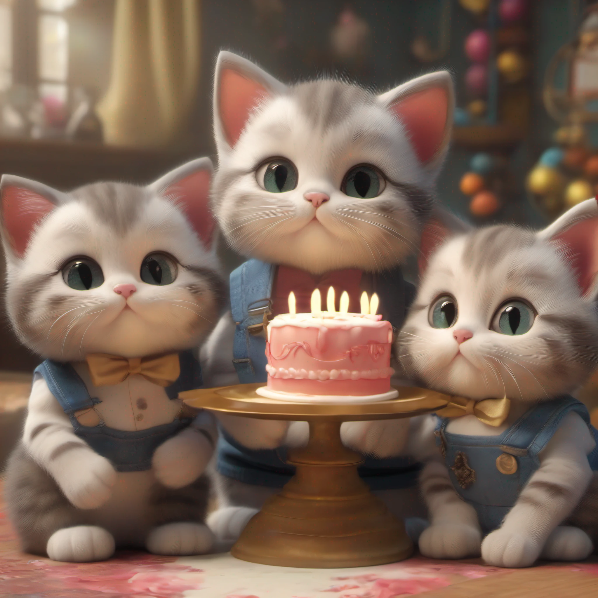 Cute little group of three kittens, smartly dressed in overalls, gown , one of them holding  white color birthday cake in hand , full body view, zoom out , party background , Unreal engine, cozy indoor lighting, Artstation, high richness of detail, digital painted, Cinematic, Character Design by Mark Ryden, Pixar and Hayao Miyazaki, Unreal 5, daz, hyperrealistic, Octane Render